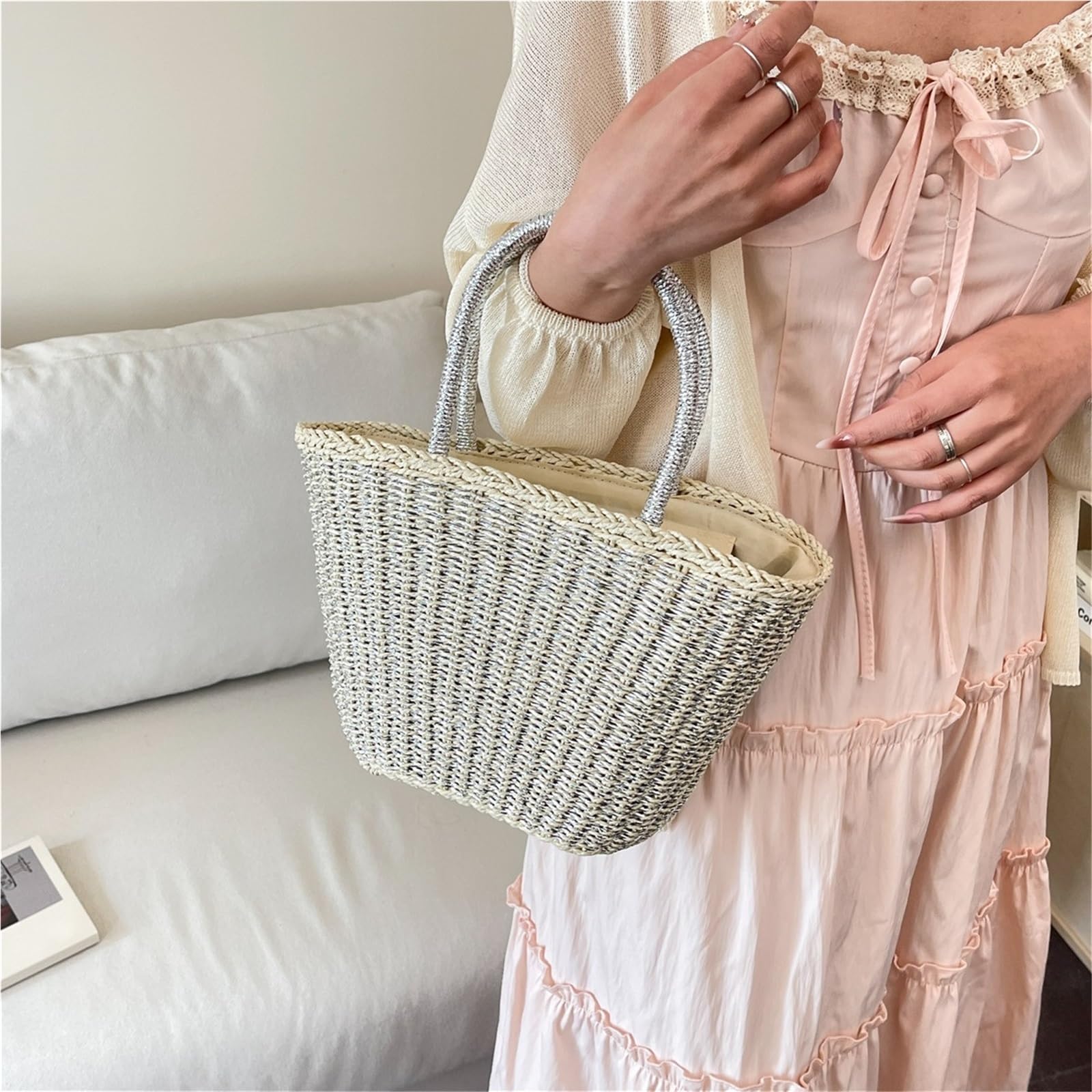 borsa donna estiva Borsa da donna in paglia con tessitura spiaggia, borsa manico superiore, basket, shopping femminile