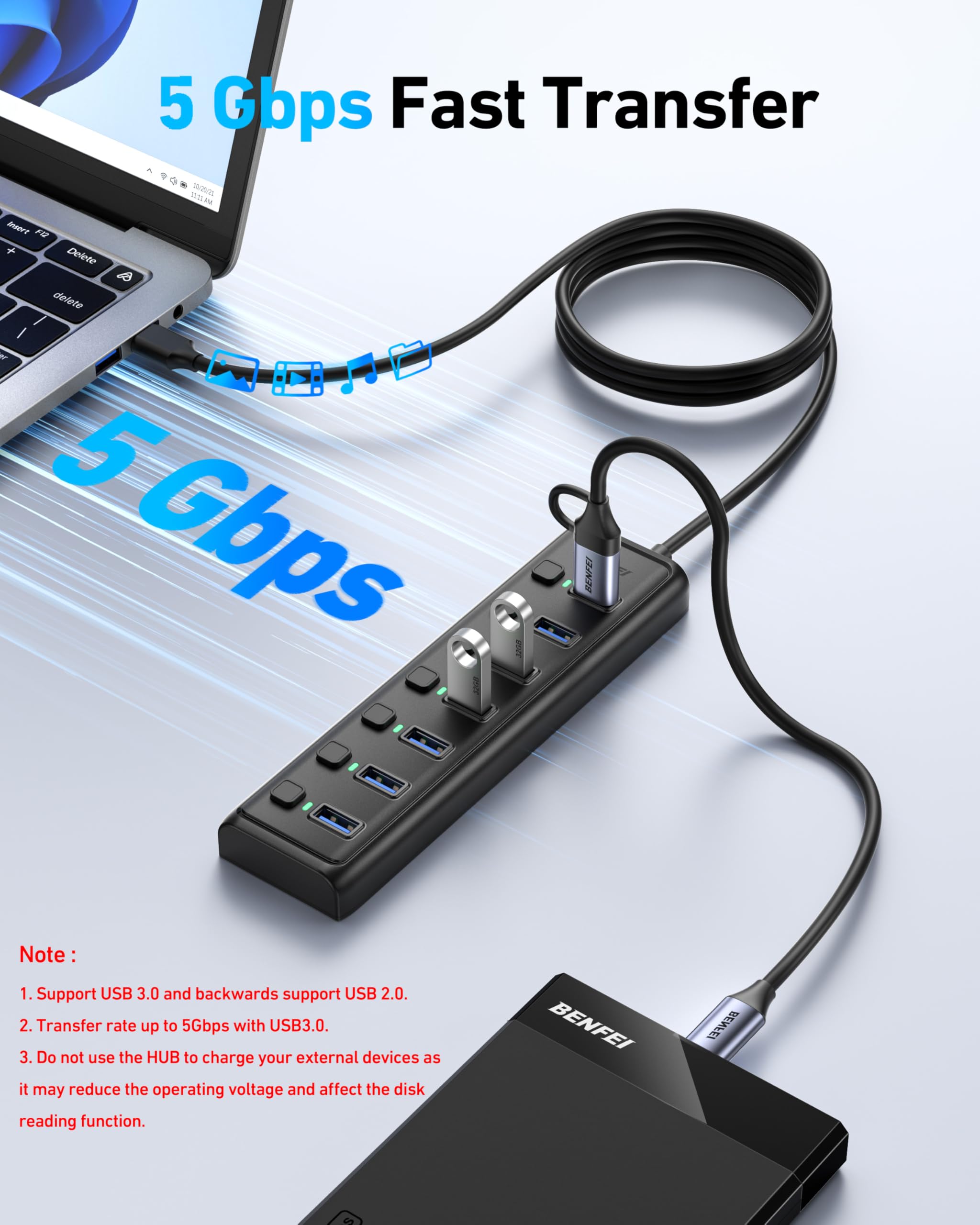 BENFEI USB 3.0 Hub, 4 Ports USB Splitter Ultra-Slim USB Expander for Mouse, Keyboard, Flash Drive, U Disk, Printer Compatible with Laptop, Desktop PC, Xbox, PS5, and More