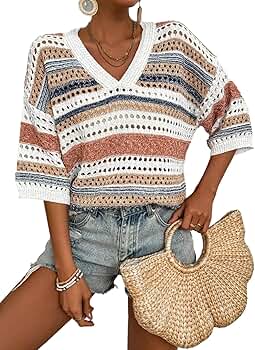 ニット・セーター ASCLO V Crochet Short Sleeve Summer Knit (2color) Cakulo Short Sleeve Summer Crochet Sweaters for Women
