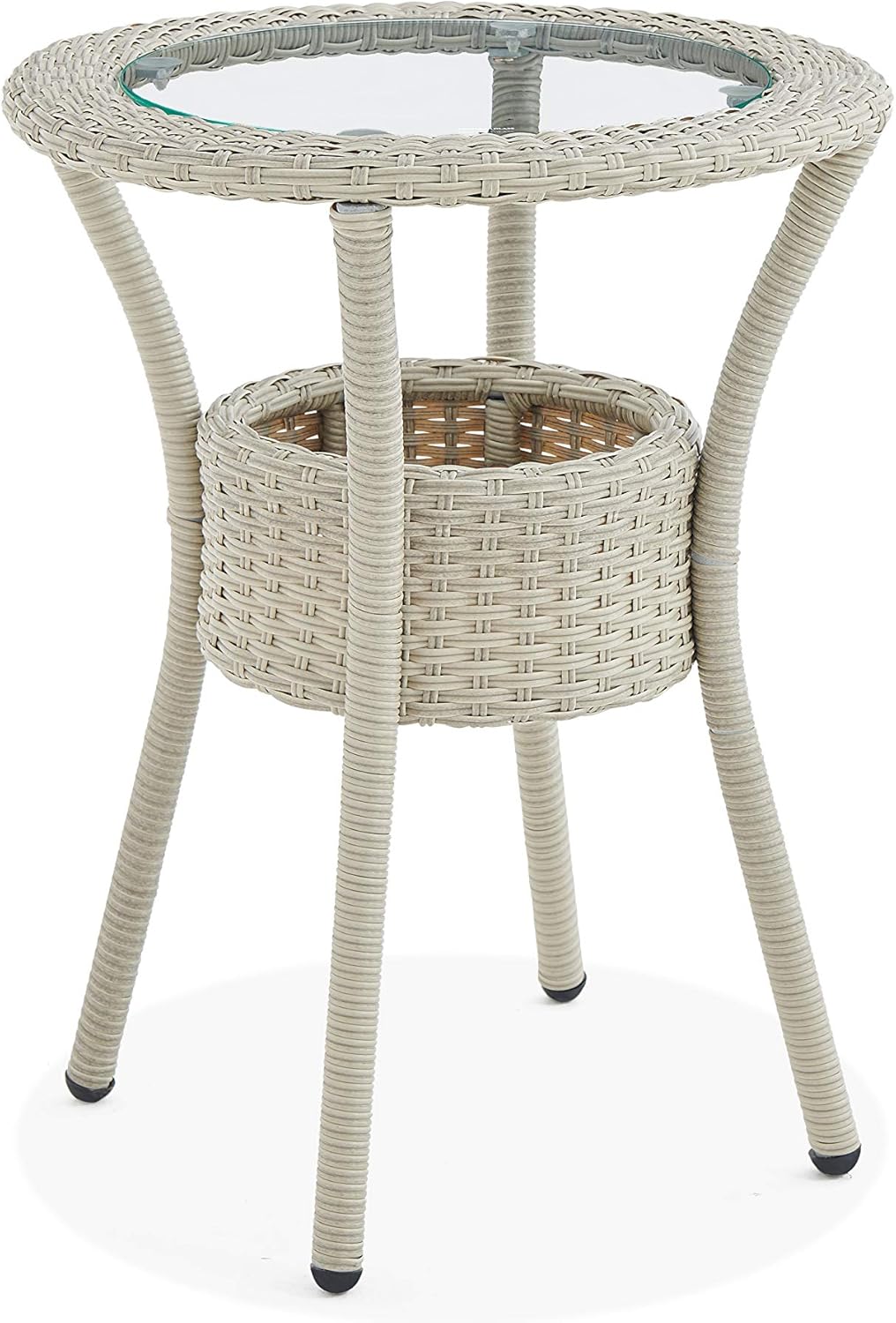Beige Round Wicker Outdoor Accent Table with Glass Top and Storage