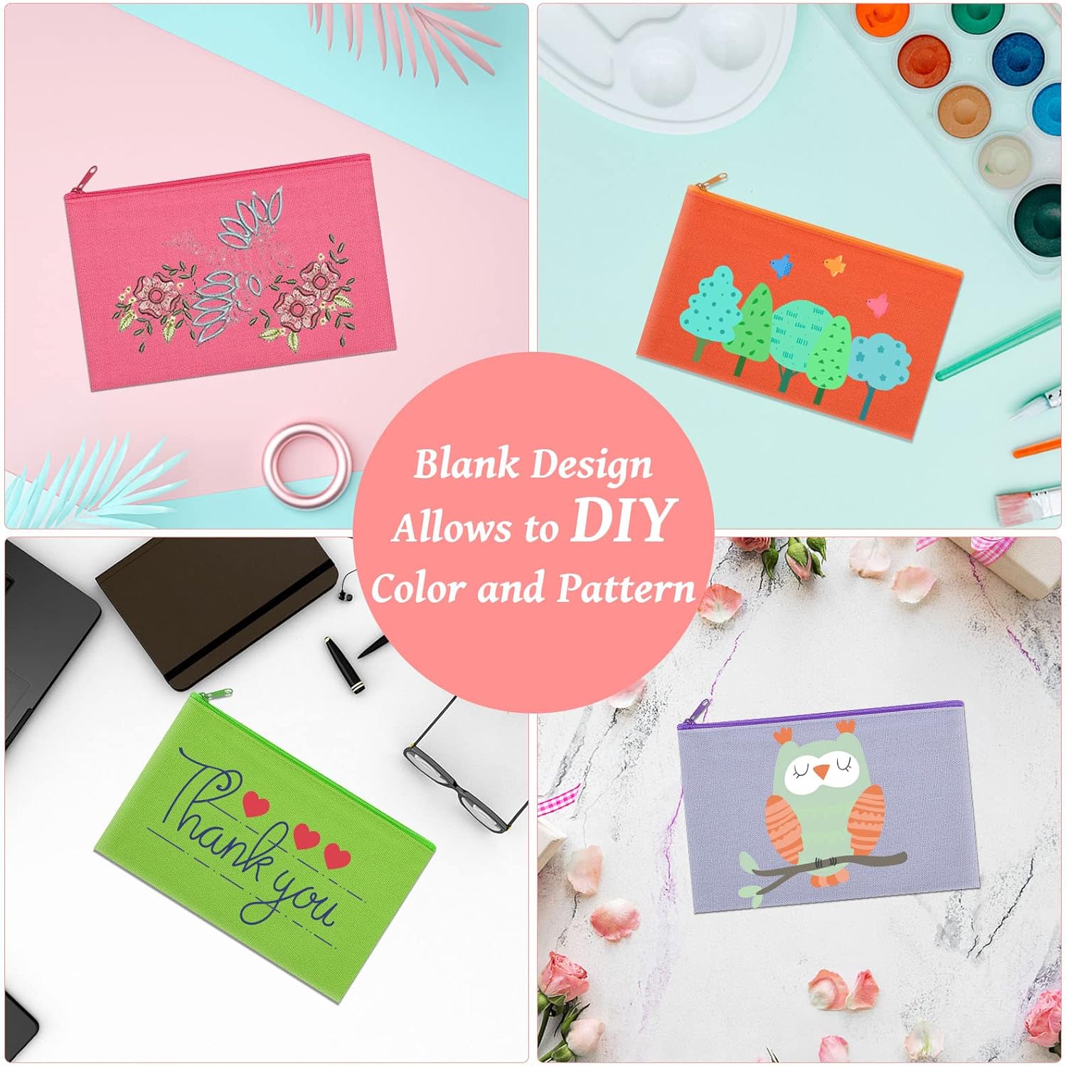 12 Pieces Cotton Canvas Makeup Bag, Multipurpose Cosmetic Bag with Zipper Travel Toiletry Pouch, Blank DIY Craft Bag (Multicolored B, S) - Image 5