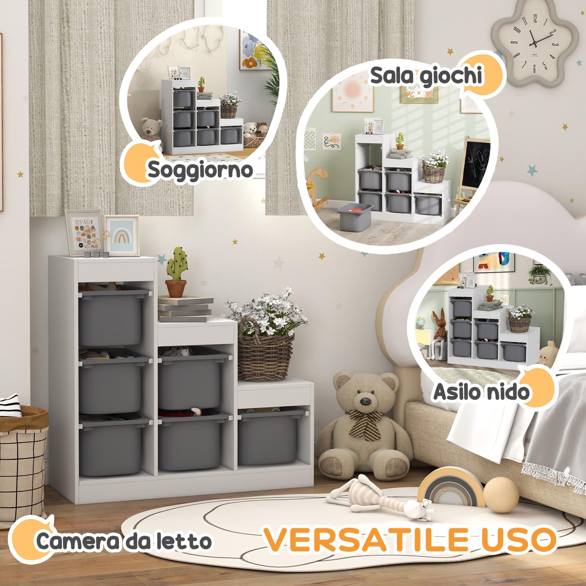 AIYAPLAY Scaffale Portagiochi Multilivello con 6 Contenitori, Mobile per Cameretta a 3 Livelli per Bambini da 3-8 Anni, 96x38.5x90cm, Grigio