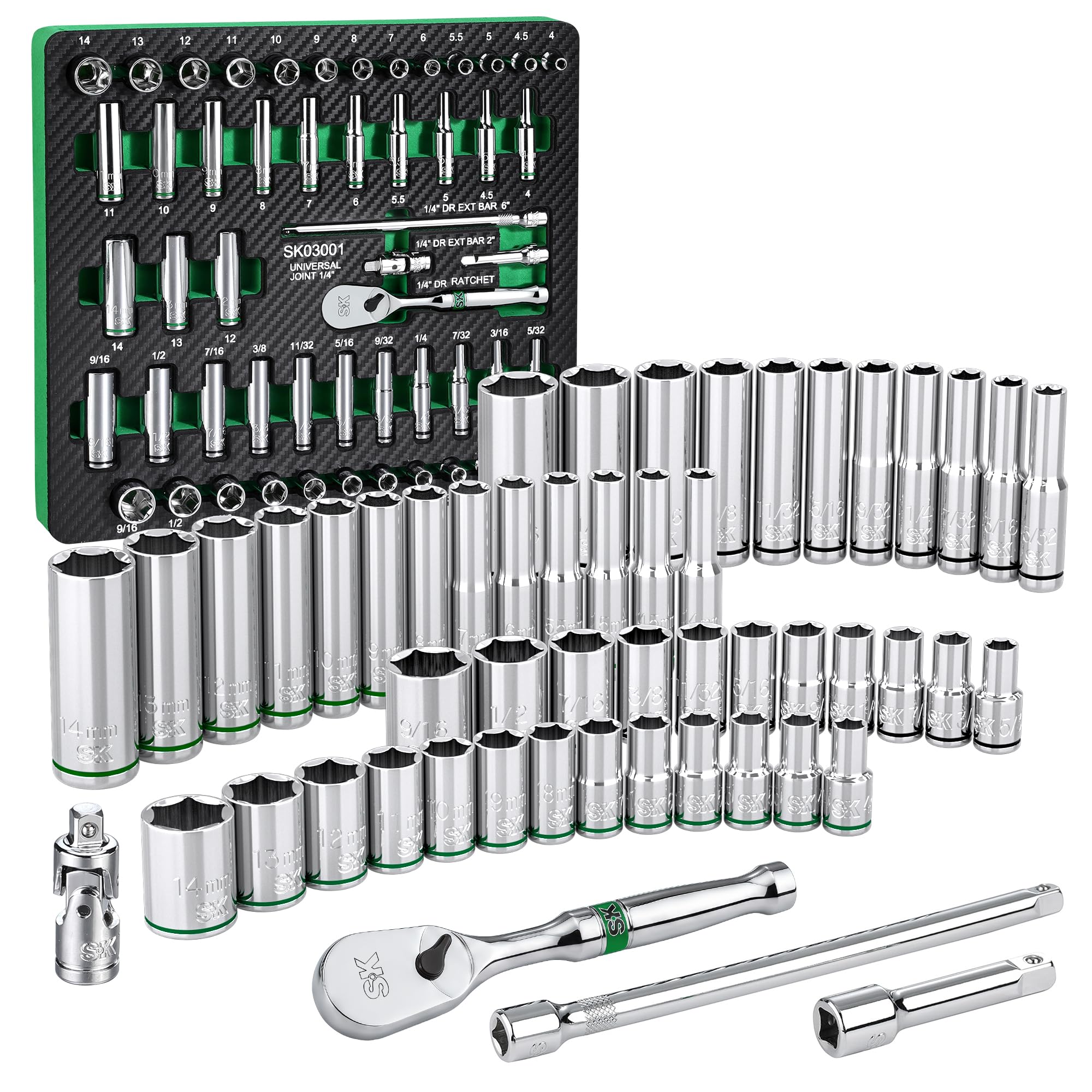 SK 1/4" Drive Socket Set with 90-Tooth Ratchet, 52-Piece, SAE & Metric | SuperKrome Finis…