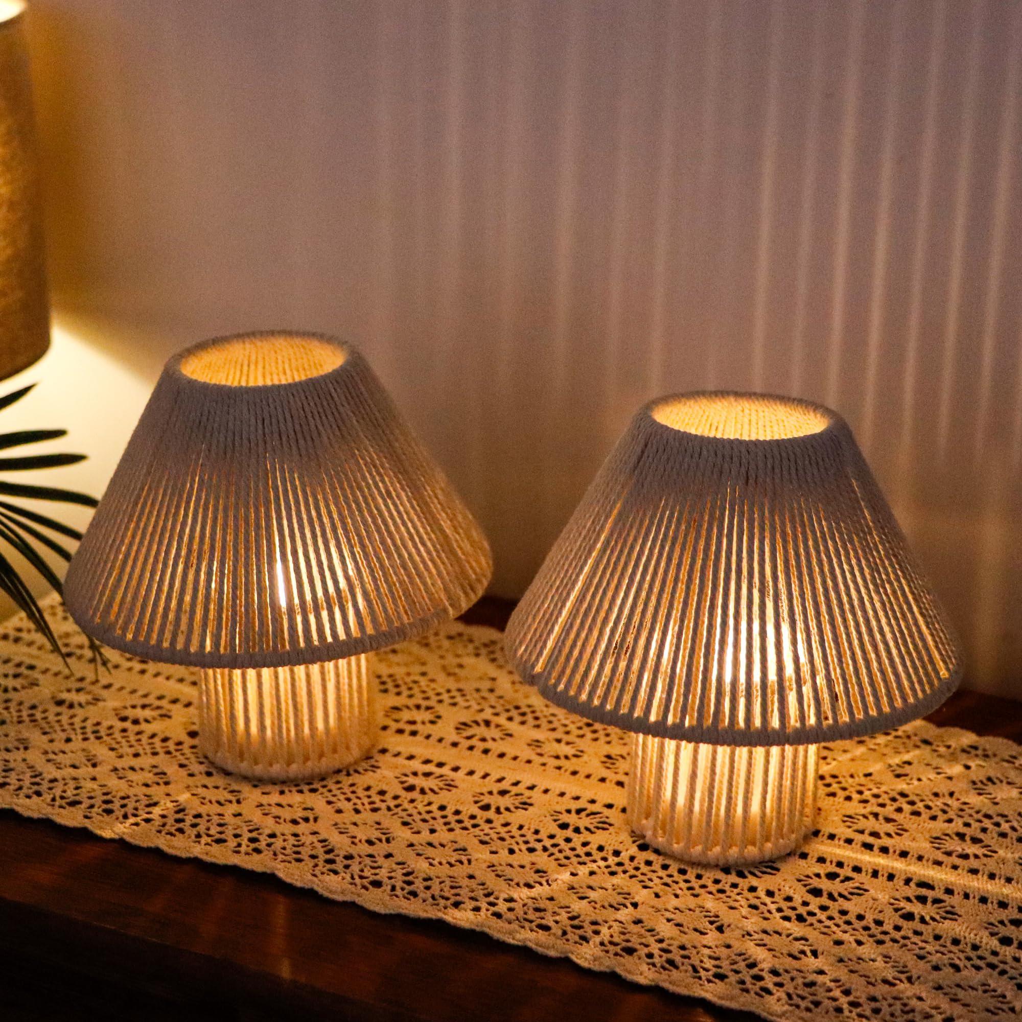 TRIROCKS Geflochtene Baumwollschnur LED Tischlampe ohne Kabel 2er Set, 18 cm hoch, batteriebetriebene Schreibtischlampe, Boho-Nachttischlampen für Wohnzimmer, Schlafzimmer, Hochzeiten, Patio