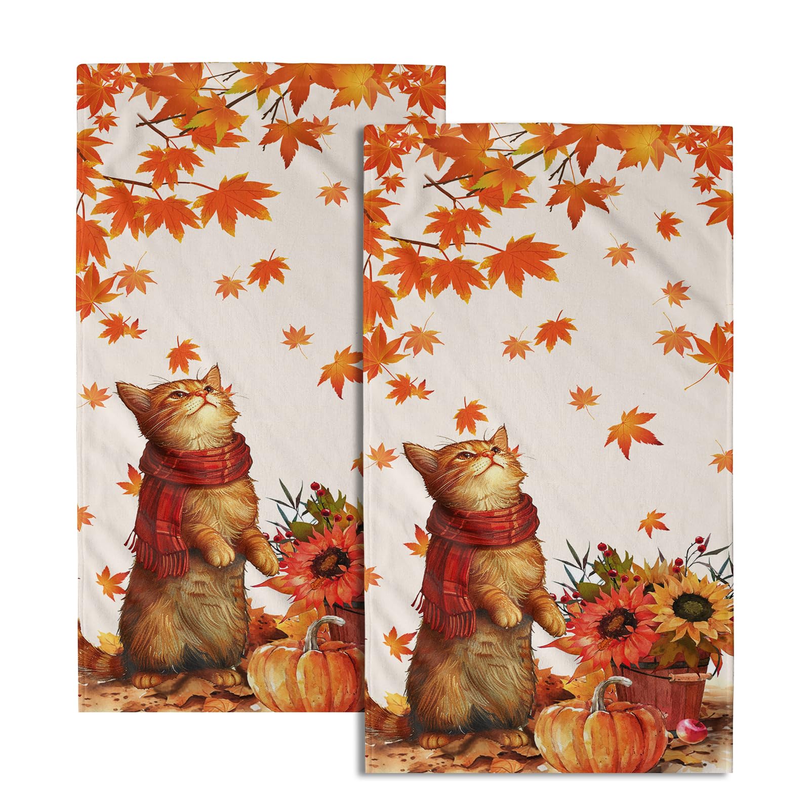 Giwawa Fall Cat Hand Towels Maple Leaves Kitchen Dish Towel Set of 2 Soft Fingertip Small Bath Towel Washcloths Decor for Hotel Spa Gym Sport