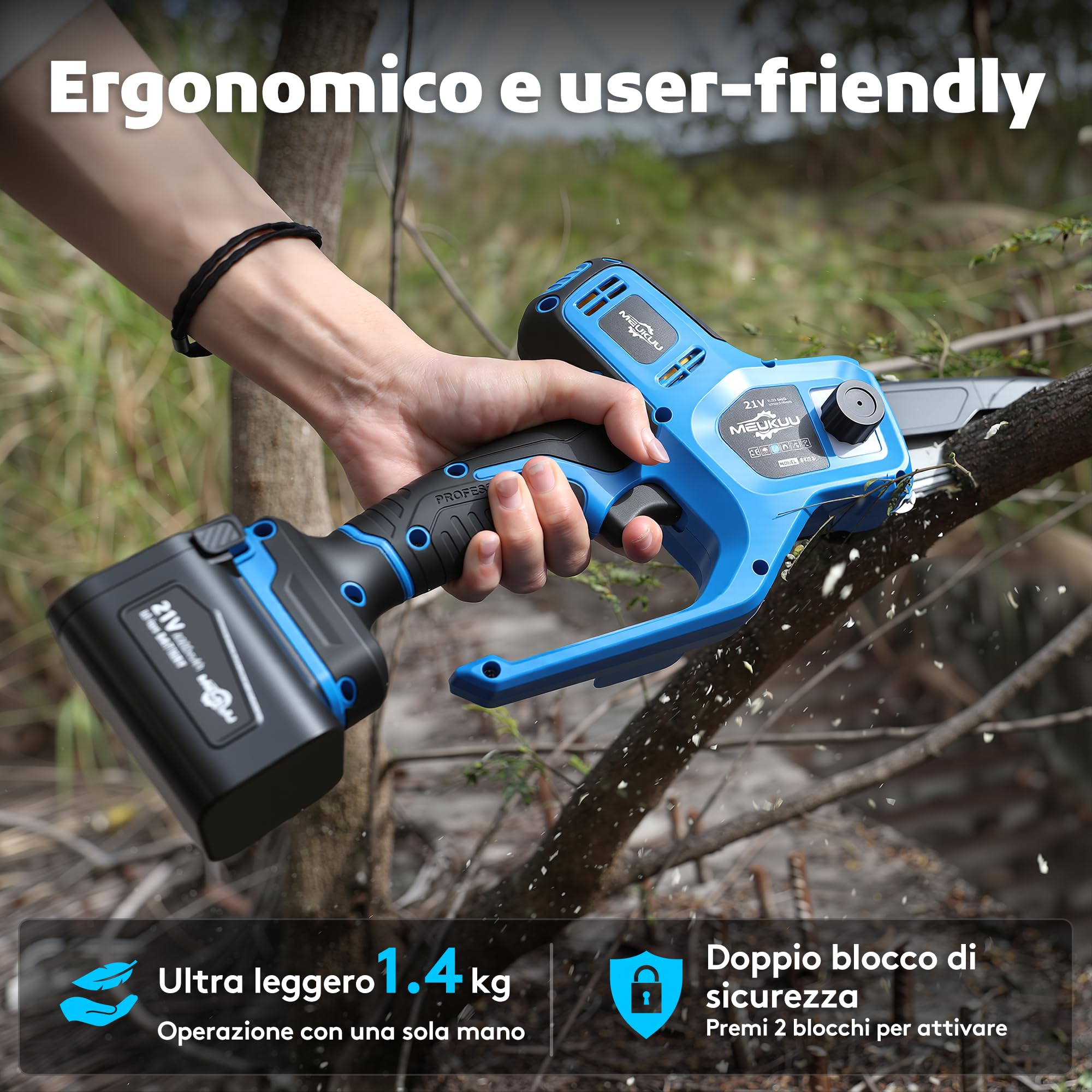 Mini motosierra a batería para poda con 4000 mAh baterías y cargador rápido, sierra con bomba de aceite y bloqueo de seguridad para el corte de madera y jardines (azul)