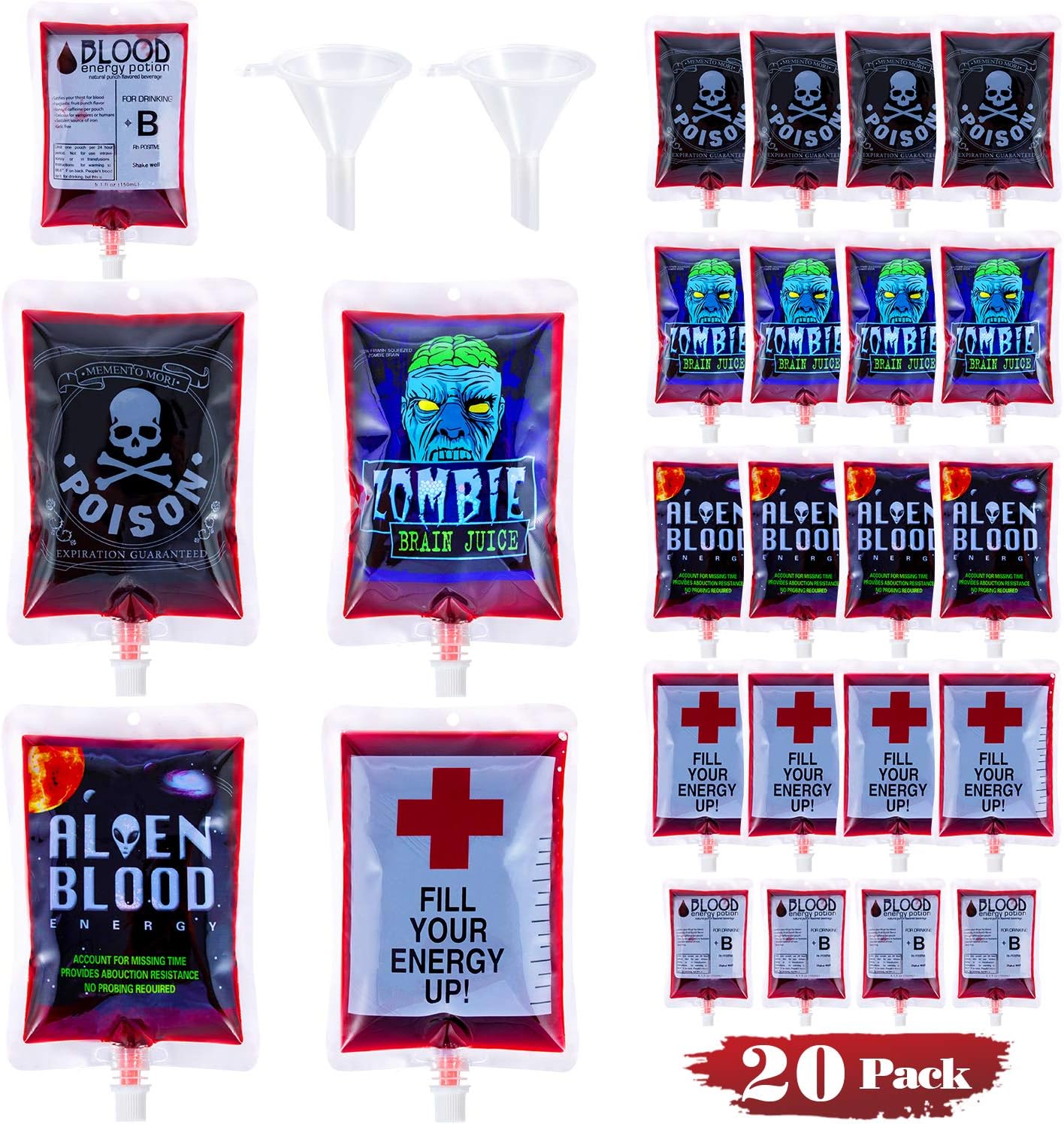 Halloween Blood Bags Party Supplies - 20 Halloween Drink Pouches + 2 Funnels Halloween Party Favors, Reusable Halloween Blood Bags Drink Bag for Vampire Zombie Costumes Props Party Decorations(5