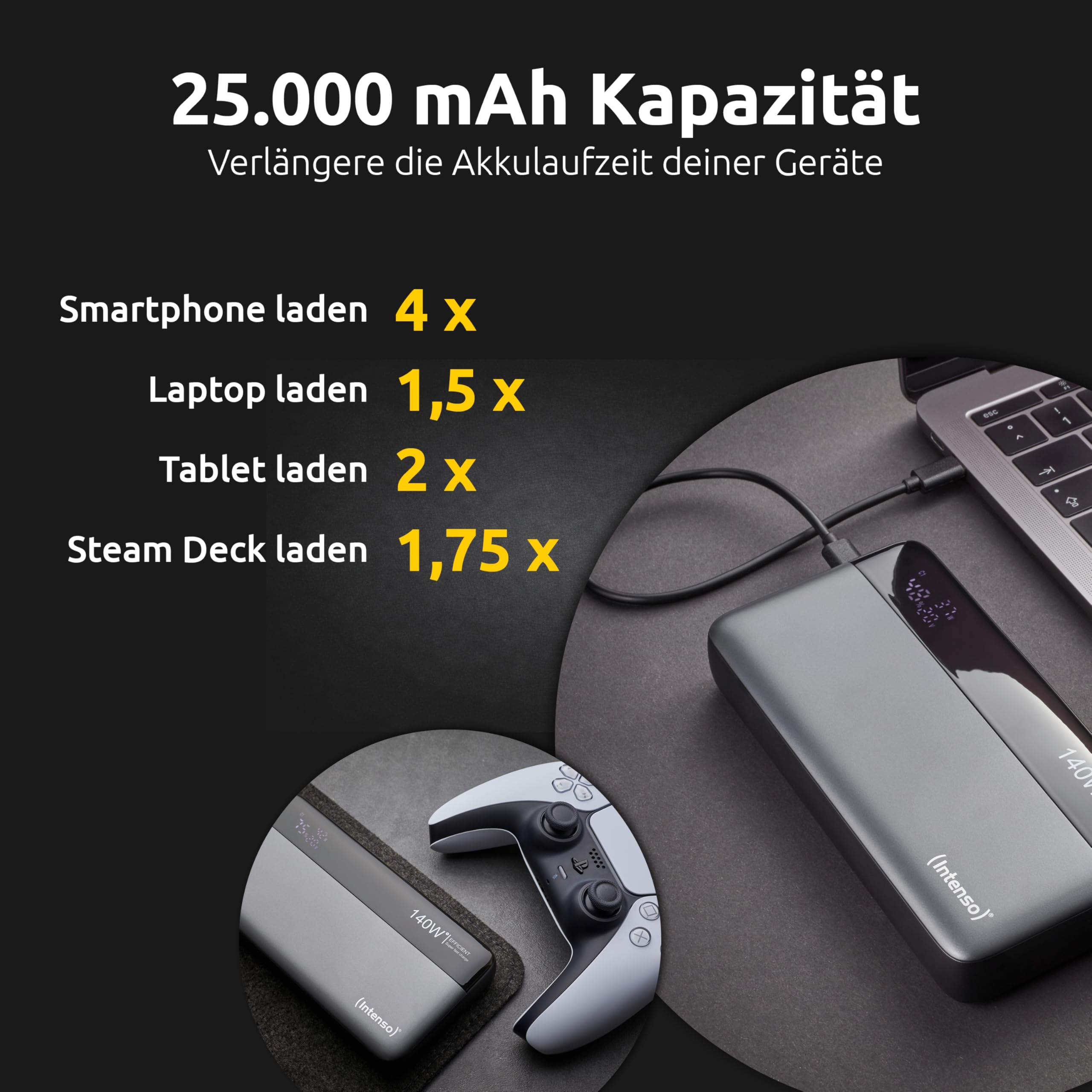 Intenso Powerbank HE25000, zewnętrzny akumulator z Power Delivery (140 W) i kablem USB-C do ładowania USB-C, 25000 mAh, szaro-czarny