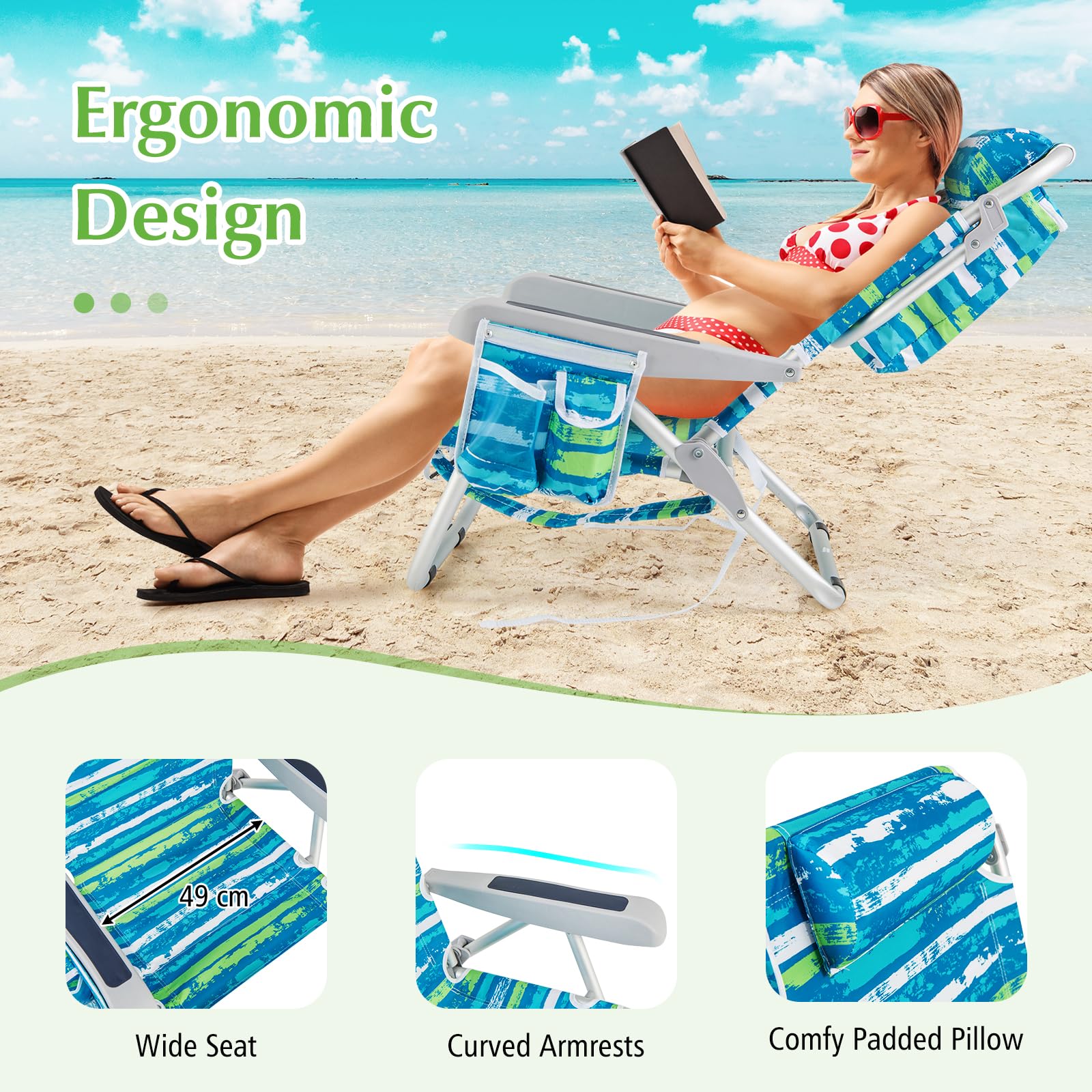 GIANTEX Składane krzesło plażowe z plecakiem, aluminiowe krzesło kempingowe z 5-pozycyjną regulacją oparcia, uchwyt na ręczniki (65 x 66 x 78 cm, zielony, 1)