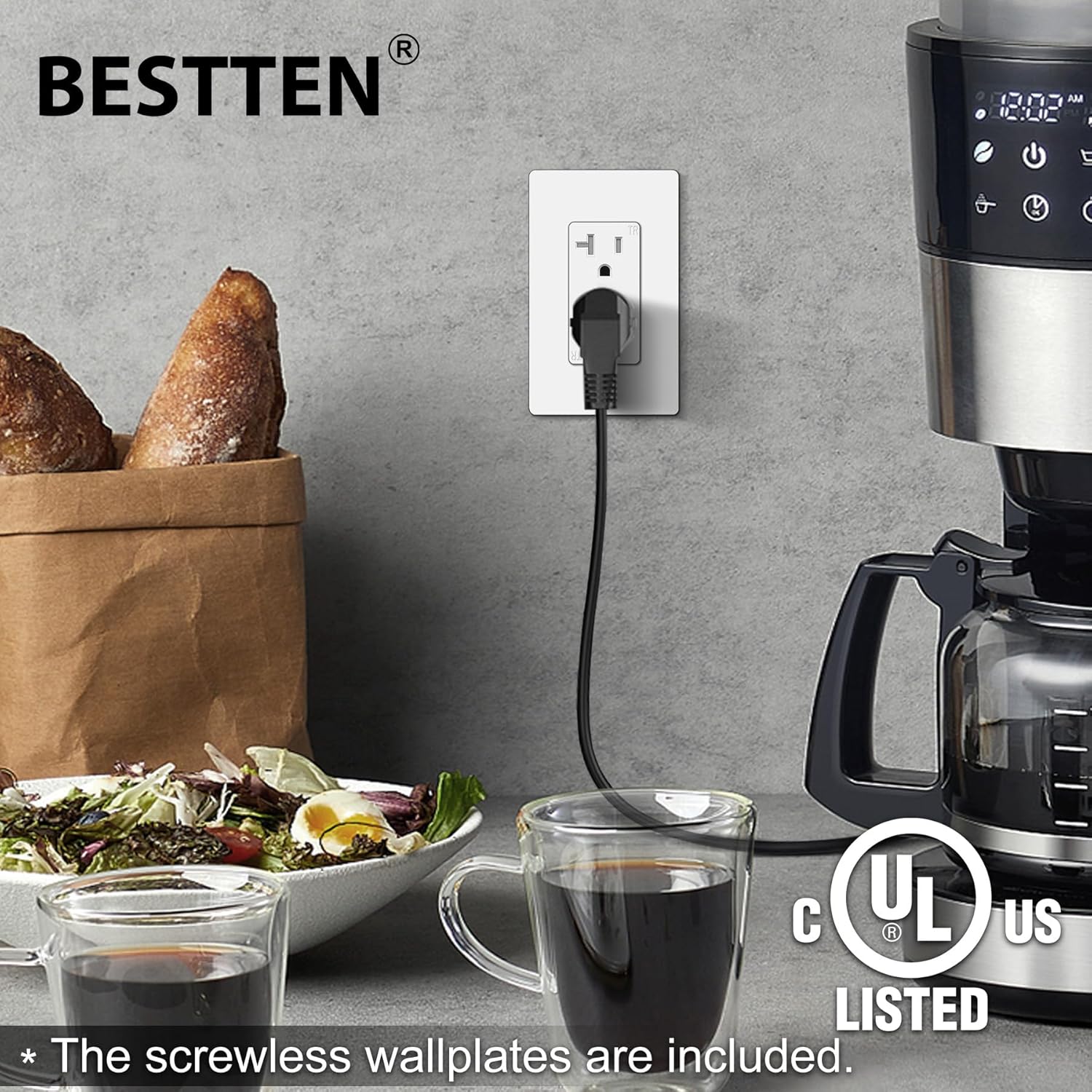 [20 Pack] BESTTEN 20 Amp Decorator Receptacle with Screwless Wall Plate, Tamper-Resistant (TR), for Residential & Commercial Use, UL Listed, White