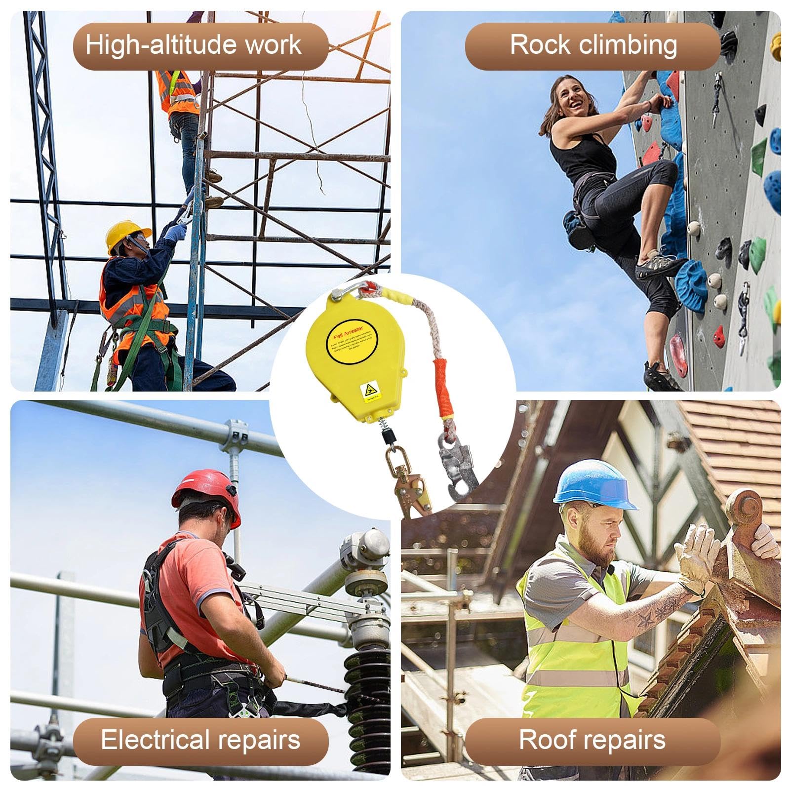 Dispositif Anti Chute Retractable, Stop Chute à Rappel Automatique 10m, 150kg Kit Harnais Anti Chute avec Certifié CE pour Toiture, Crochet Pivotant Amélioré - Mousqueton，Jaune：10m