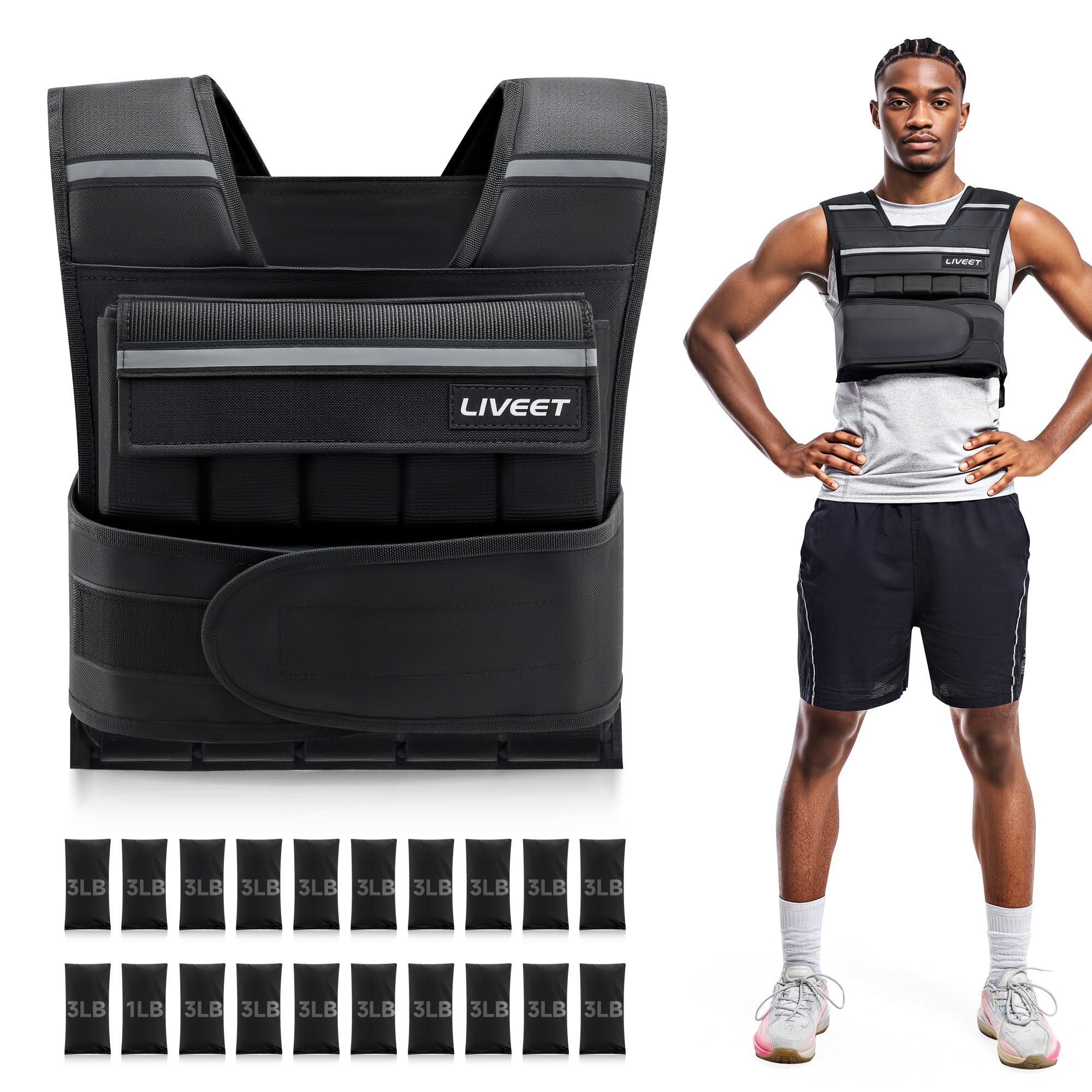Adjustable Weighted Vest for Men Women 20lb 30lb 45lb 60lb Weight Vest with 20 Removable Weights Heavy Duty