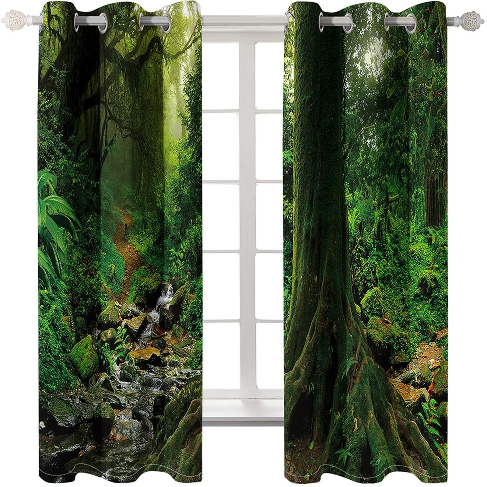 Zasłony zaciemniające do salonu 2 panele, 2 x 137 W x 244 H cm, zasłona z oczkami krajobraz drzew i strumienia, zielona zasłona do sypialni