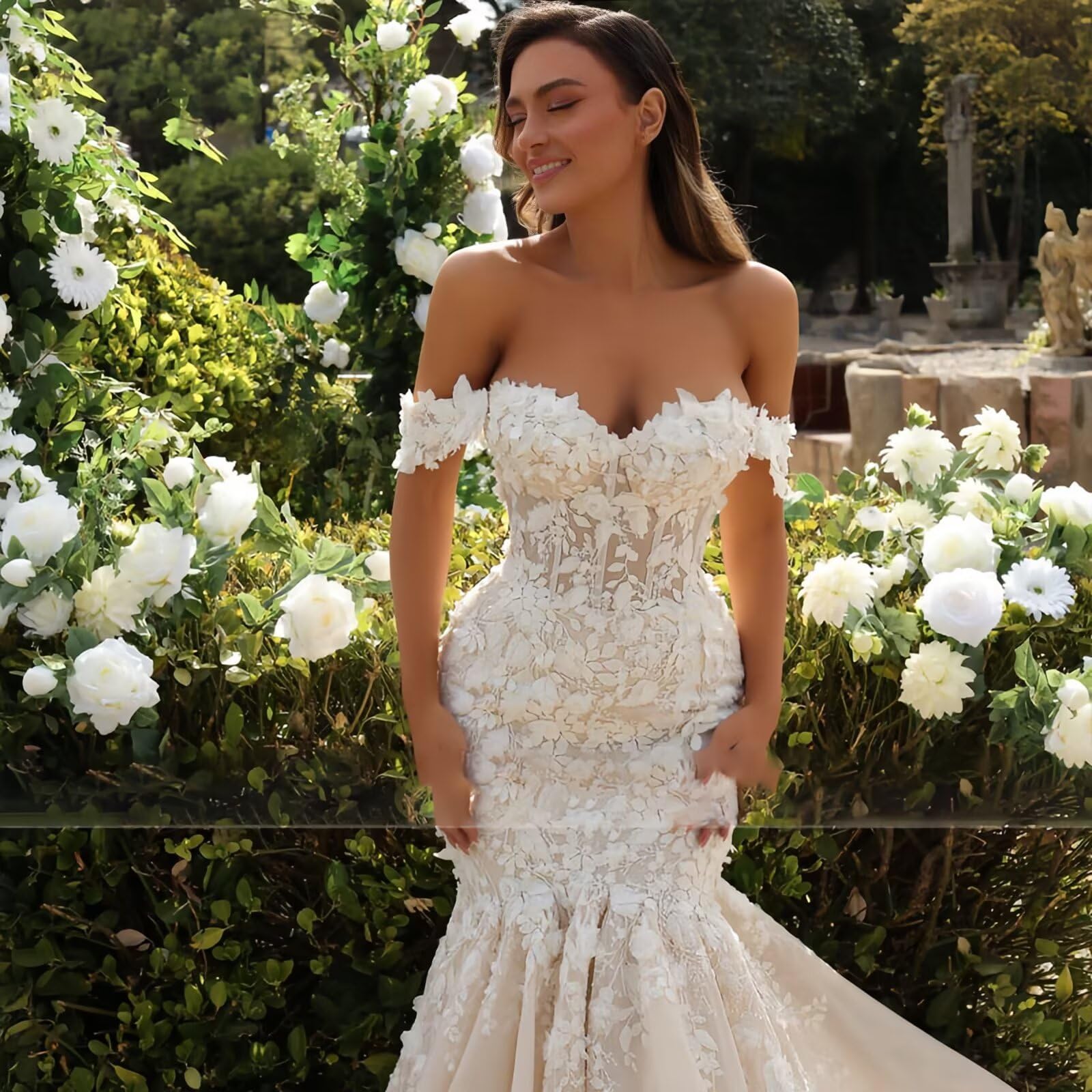 HUINI Off-Shoulder Tüll Hochzeitskleider für die Braut Meerjungfrau Spitzenapplikationen Strand Brautkleider mit Schleppe
