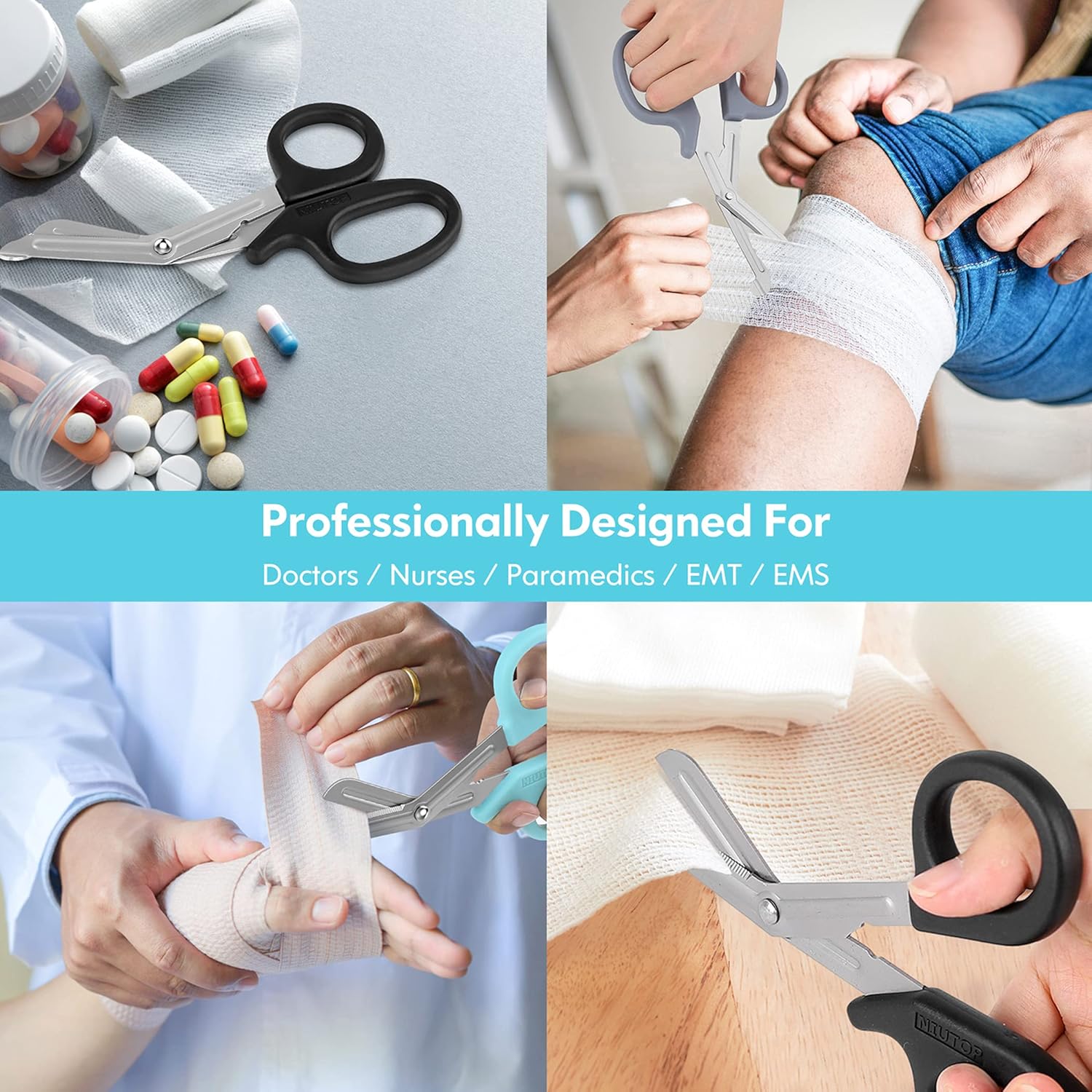 Trauma Shears, Medical Scissors 3-Pack, Premium Bandage Scissors for Nurses, 7.5" Nursing Scissors, Surgical Scissors, Nurse Scissors, Emergency First Aid Scissors, EMT Shears (Black, Aqua Sky, Grey) : Industrial & Scientific