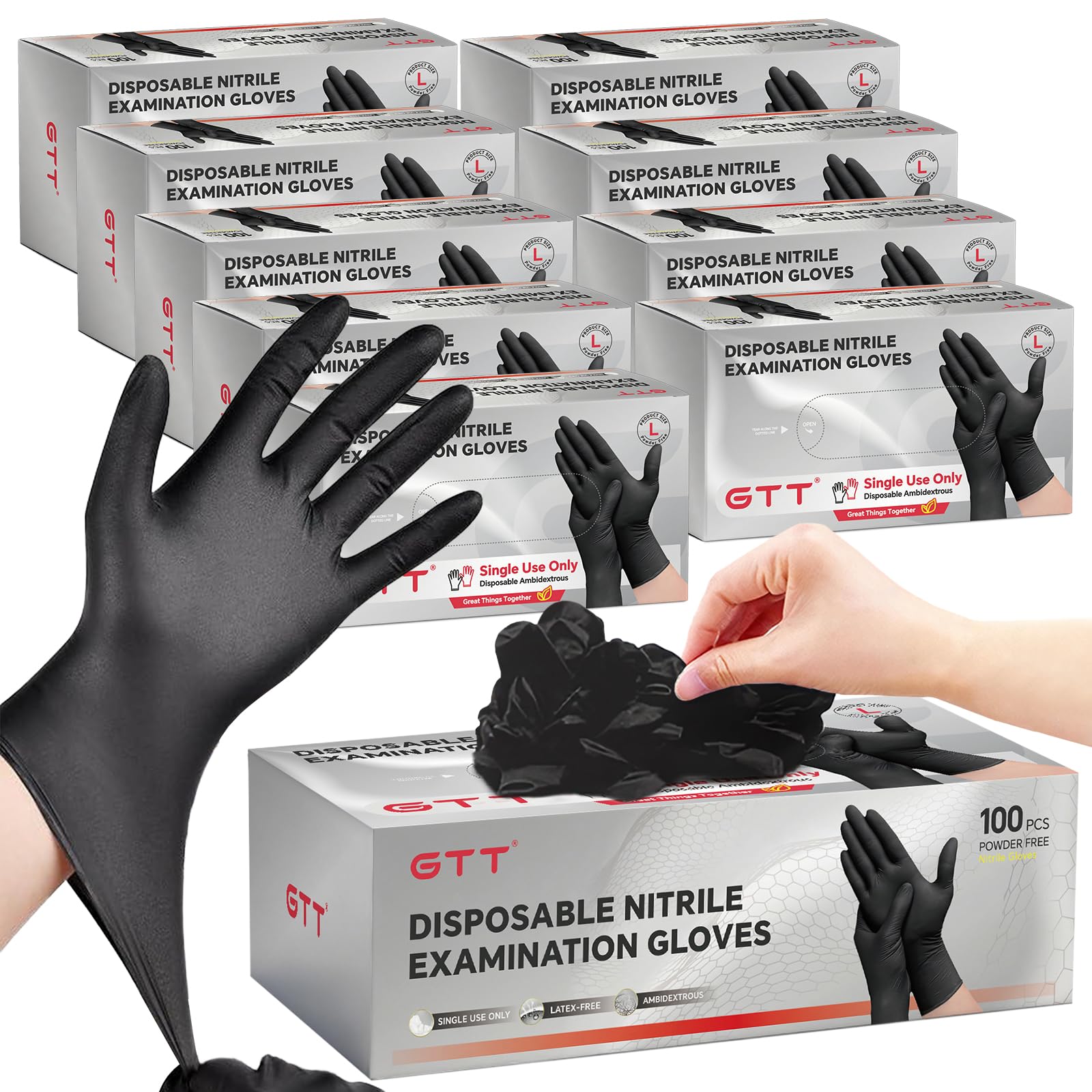 GTT Guantes desechables de nitrilo, 1000 unidades, para barbacoa, tatuaje, tinte para el cabello, cocina, guantes mecánicos, sin polvo ni látex, suministros de tatuaje, color negro, grande