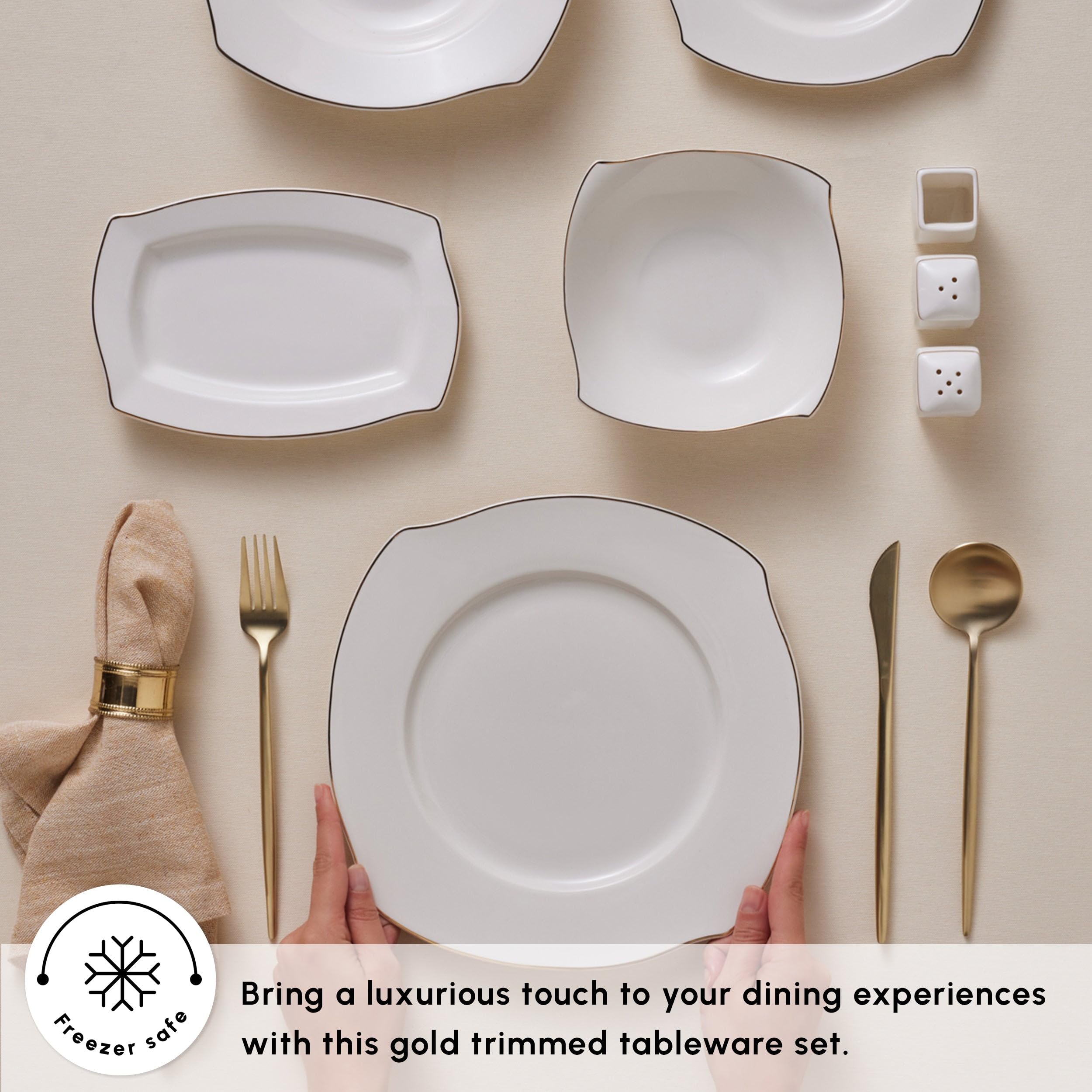 Karaca Wave 53-teiliges Tafelservice für 12 Personen, Edles Bone-Porzellan mit Tellern, Schalen, quadratischen Servierplatten, Salz- und Pfefferstreuer, Elegant und Perfekt für Besondere Anlässe