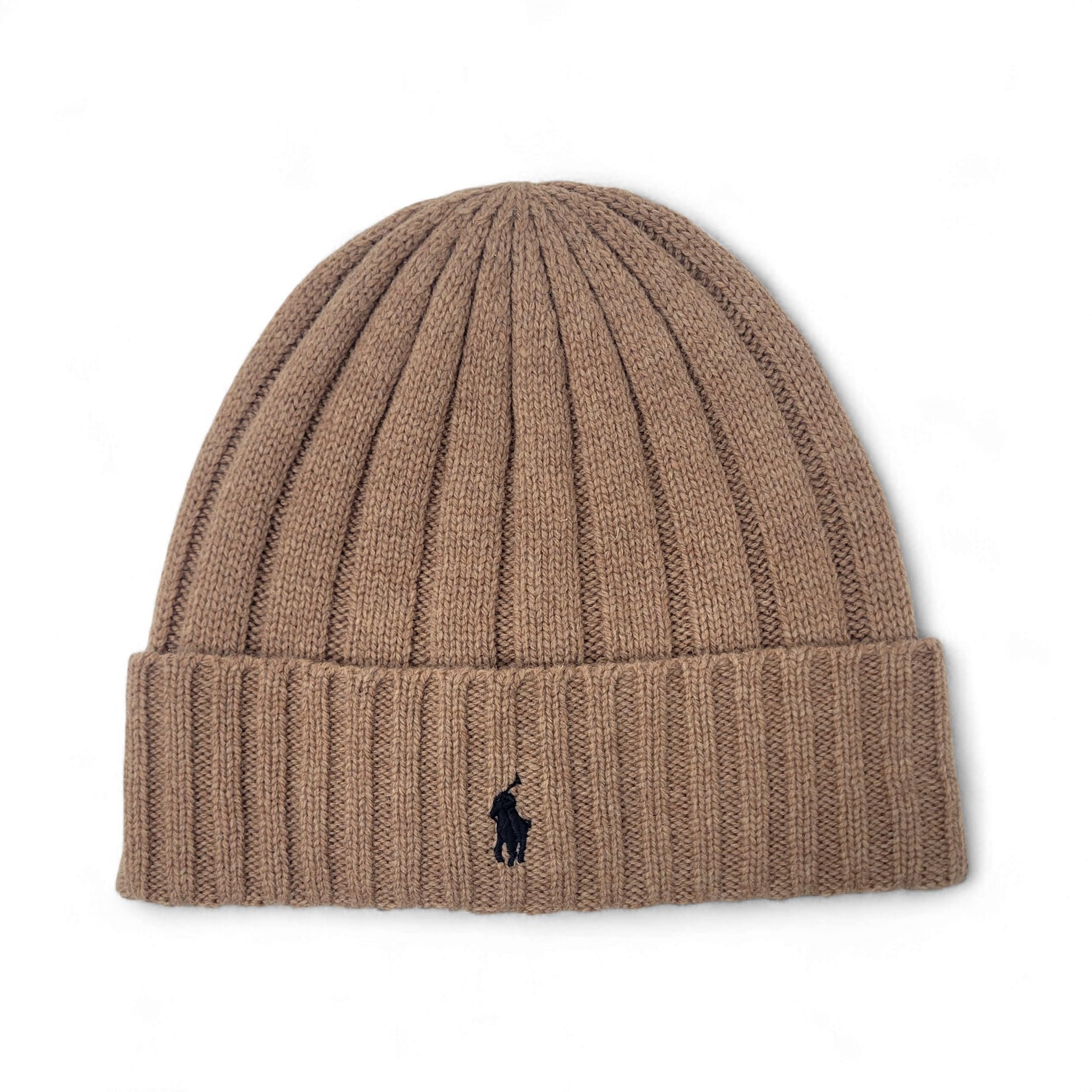 Unisex Lambswool Skullie Skull Cap, Winter Skiing Snowboarding Beanie Hat, Wool/Nylon, Camel Light Brown Tan (Pp0054-220), Navy Blue Pony Logo, OSFM - One Size Fits Most