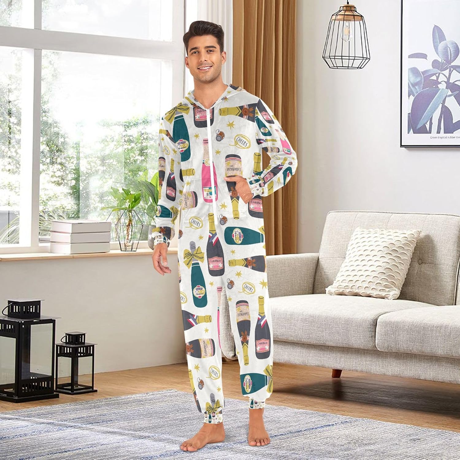 QUGRL Adult Onesie Pjs for Women Bottles Of Champagne One Piece Pajama for Men Wine Bottle Unisex Sleepwear Homewear Overnight Costume X-Large