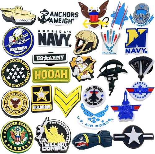 27 dijes para zapatos del ejército, azul marino y tanques, para hombres y mujeres, accesorios de pulsera para adultos estadounidenses, sandalias,
