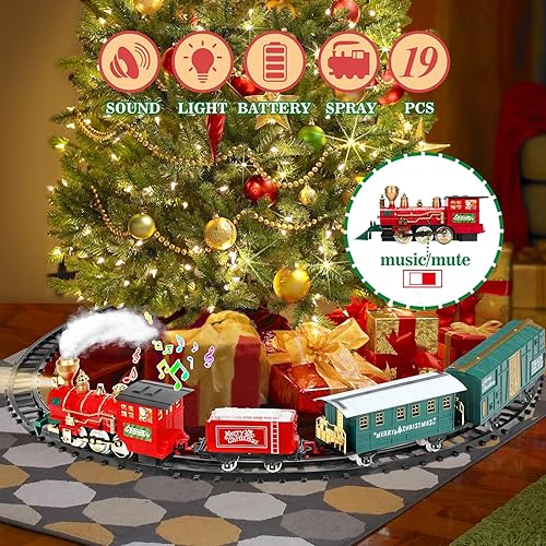 Miniatura 4 de BainGesk Juego de tren con motor de locomotora de vapor, juego de tren de Navidad para árbol de Navidad, juguetes de tren eléctrico con humo, luz y