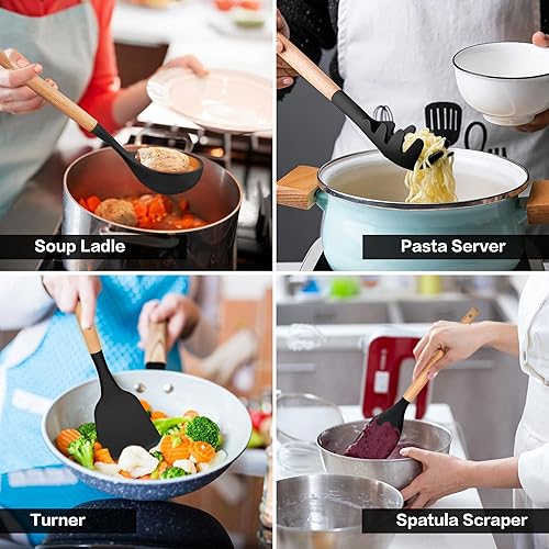 Miniatura 6 de LIANYU Juego de utensilios de cocina de silicona de 33 piezas con soporte, mango de madera, resistente al calor, herramientas de cocina