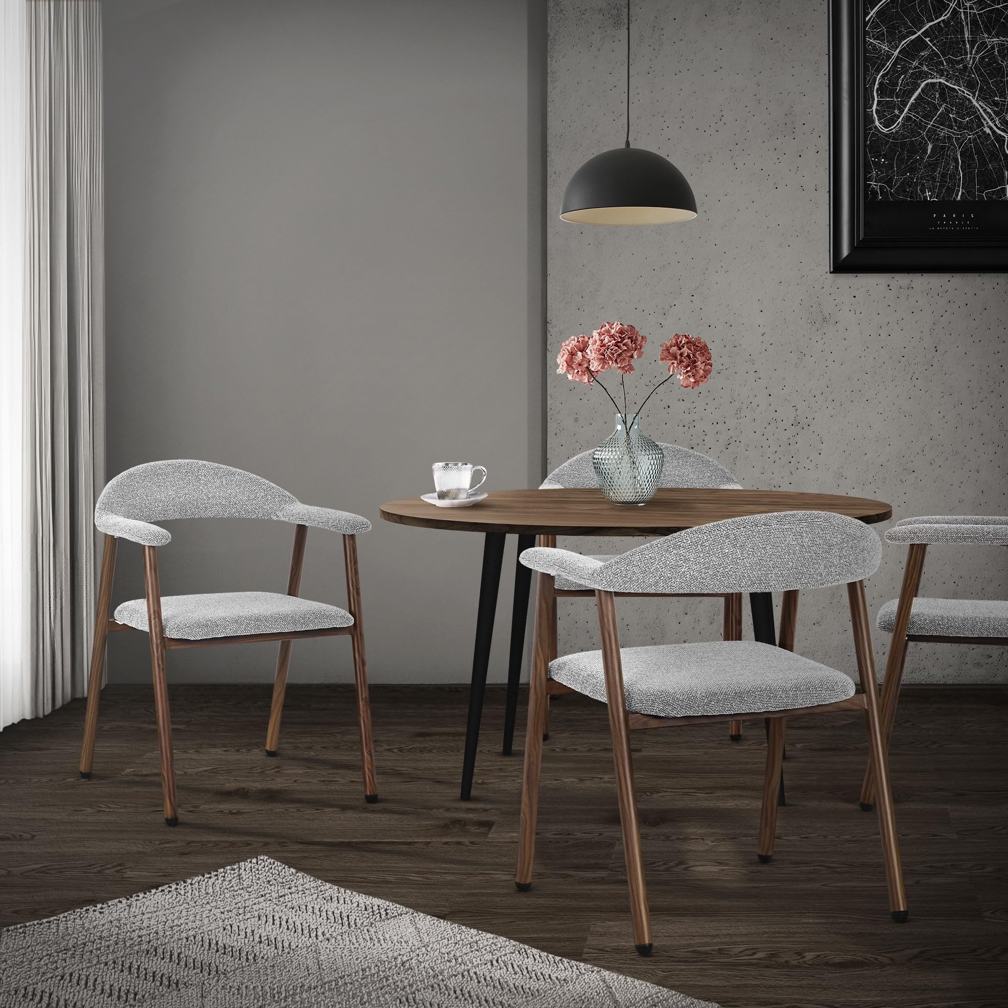 ML-Design Juego 4 Sillas de Comedor con Reposabrazos, Asientos de Cocina y Salón con Respaldo, Tapizado Tejido Gris y Estructura de Acero con Aspecto Madera, Sillones Ergonómicos Modernos