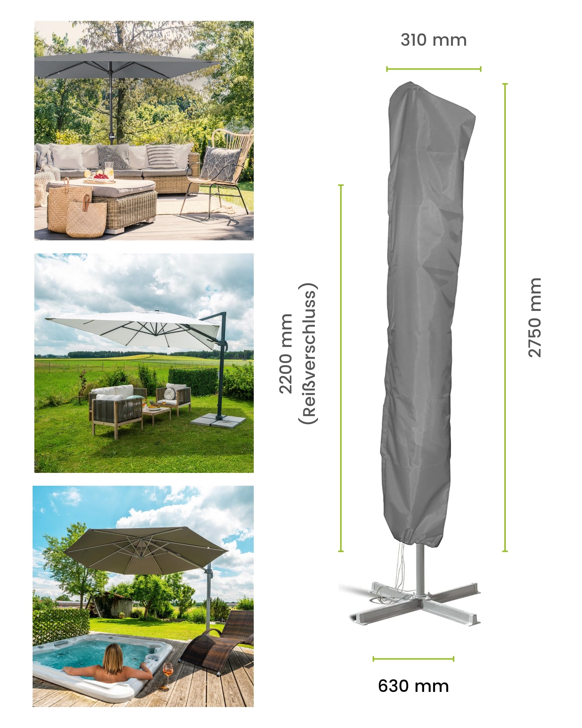 Sonnenschirmhülle mit Stab für Schirme bis Ø 4 m (rund) | 4 x 3 m (eckig) - Wasserdicht, UV-beständig - Premium Sonnenschirm Schutzhülle