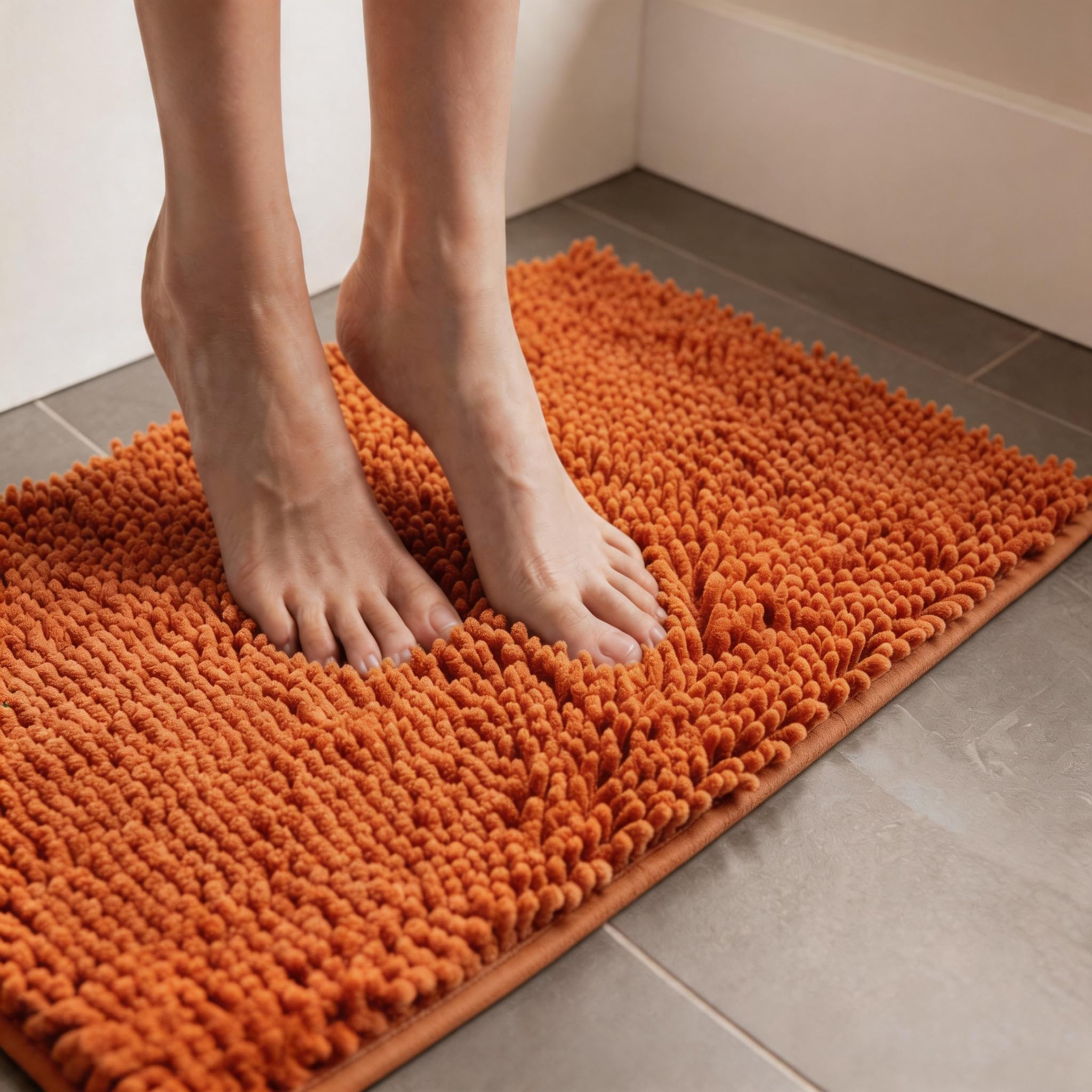 MEGAROOM Non Slip Chenille Bath Mat - Absorbent Bathroom Mat - Extra Soft Bath Mat for Bathroom - Non Slip Anti Mould with 50 x 80 cm, Machine Washable, Orange