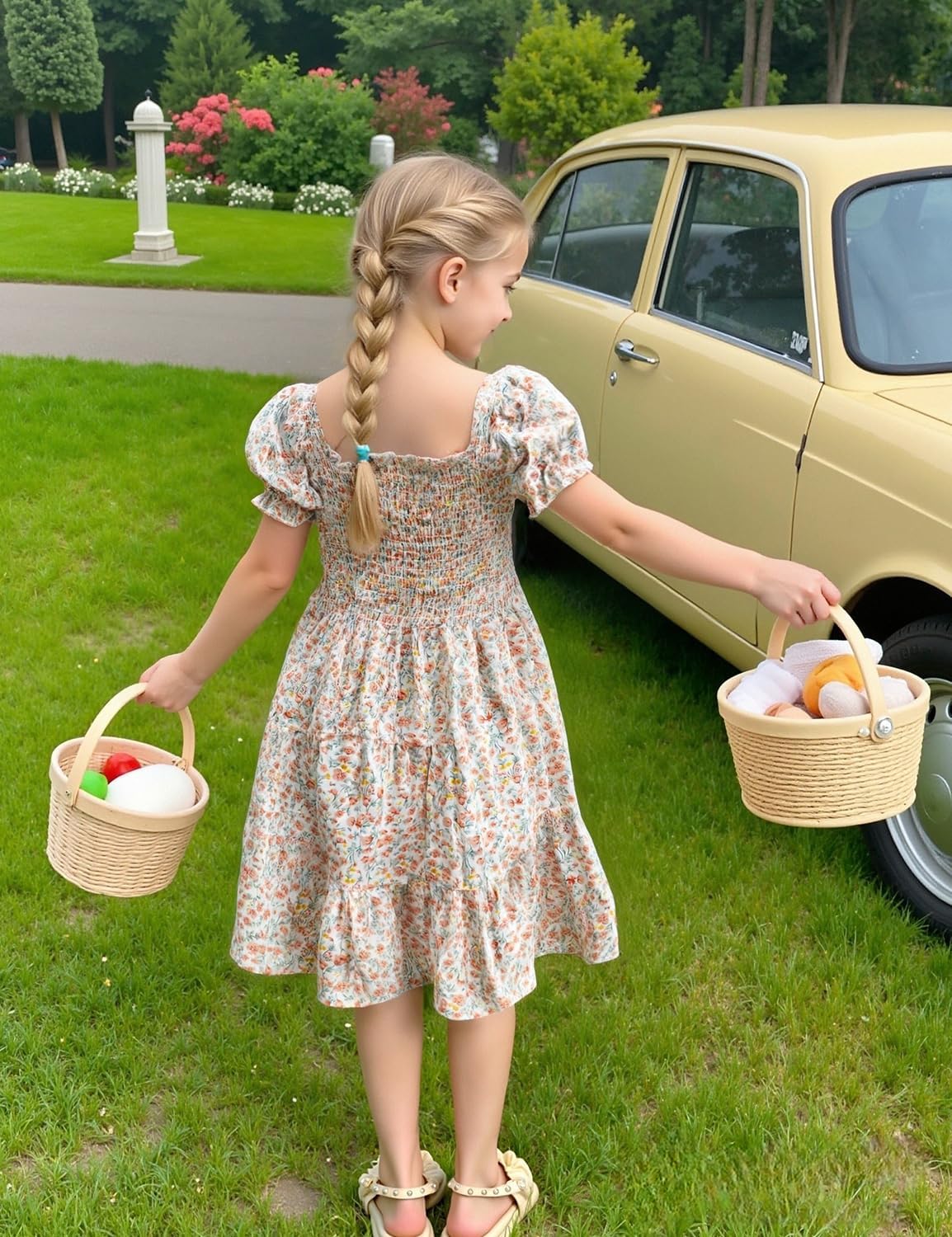 AGQT Toddler Girls Floral Dress Square Neck Puff Sleeve A-Line Smocked Dress with Bag Toddler Girls Summer Dress 12M-7T - Image 5