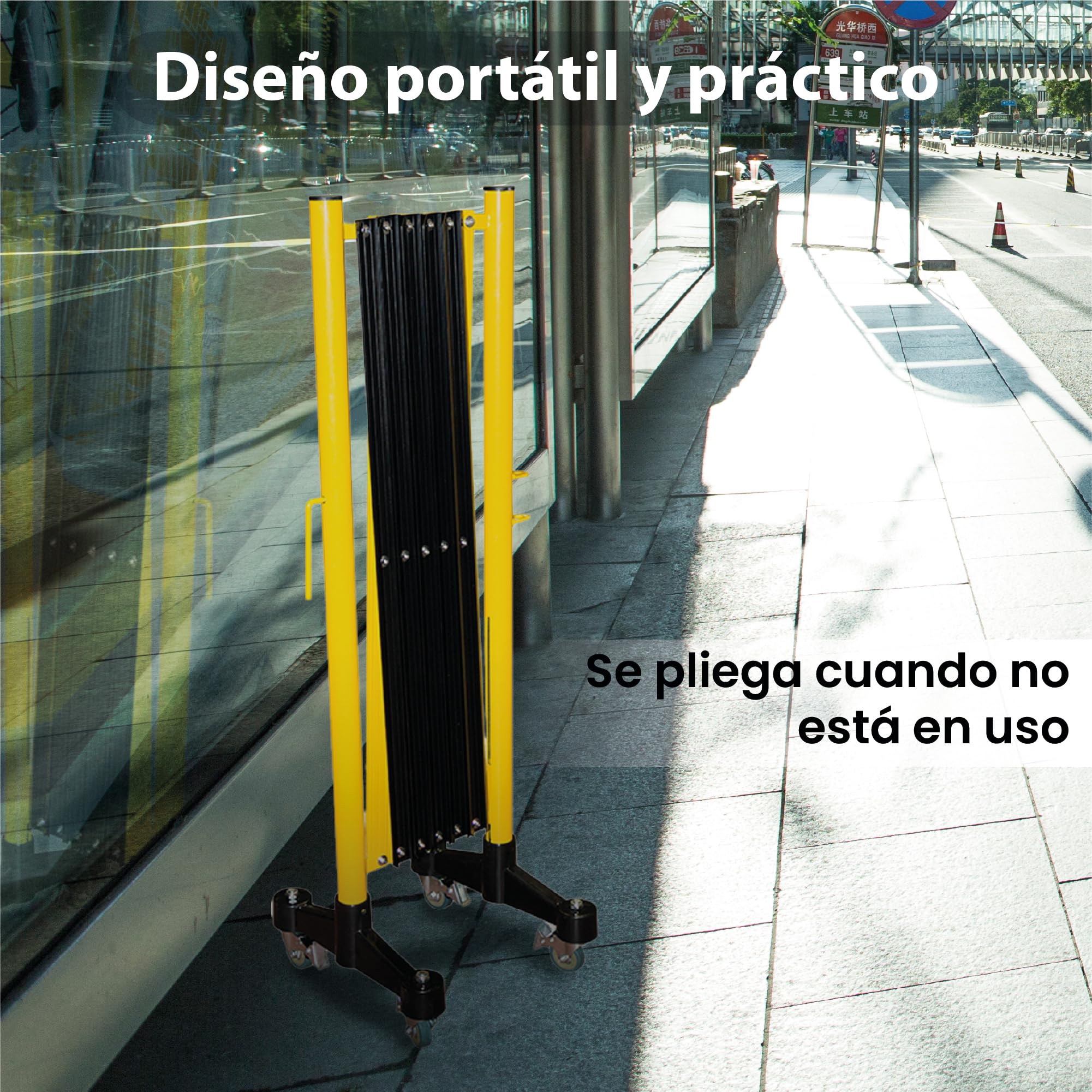 Barricada Extensible 3m con Ruedas Freno Vallas Obra Barrera Metálica Portátil Seguridad Construcción Negro/Amarillo