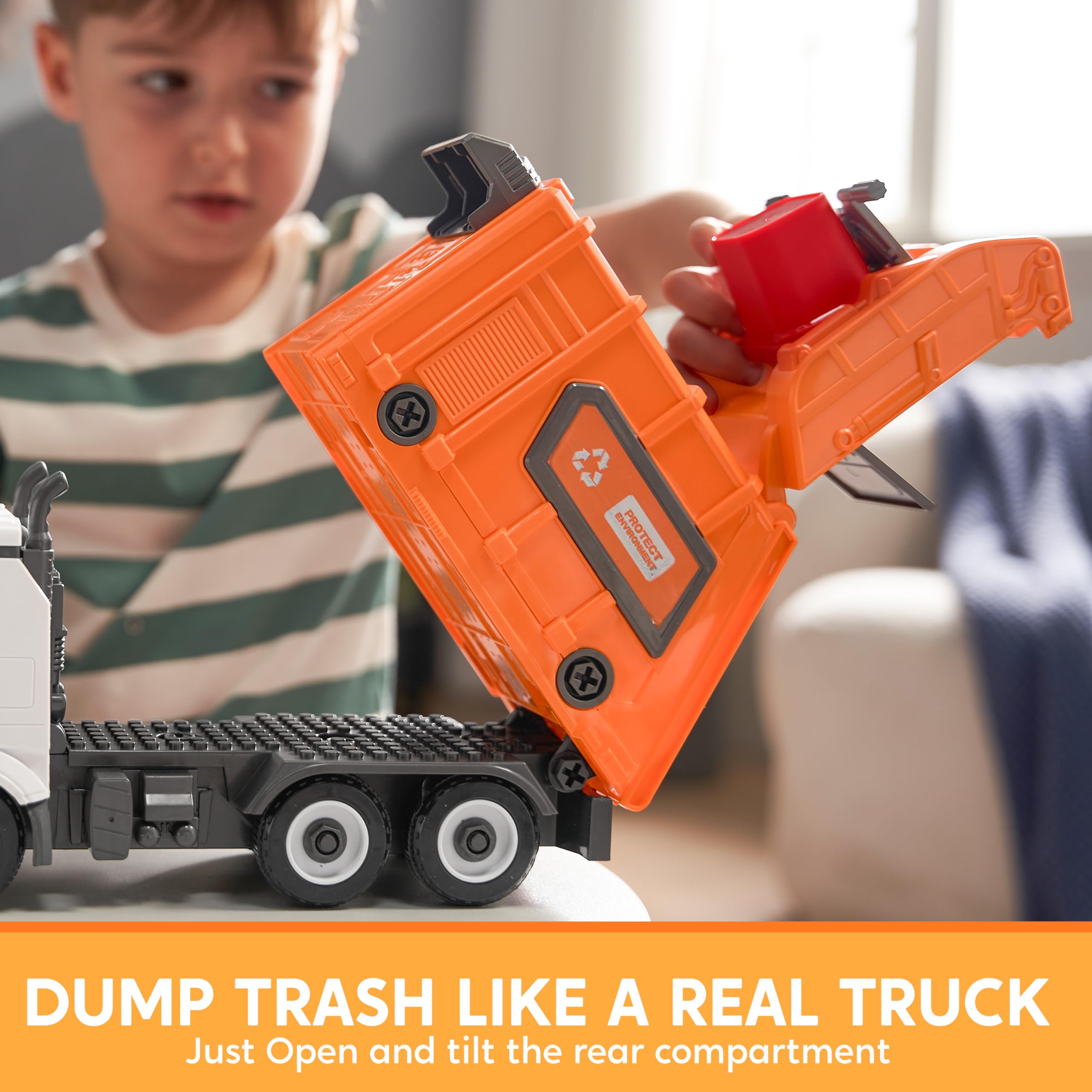 JOYIN Jumbo Take Apart Reibungsbetriebenes Side-Dump-Recycling-Müllwagen-Spielzeug mit Licht und Geräuschen, 3 Mülleimer, Schraubendreher-Spielzeug, für DIY-Montage, Orange