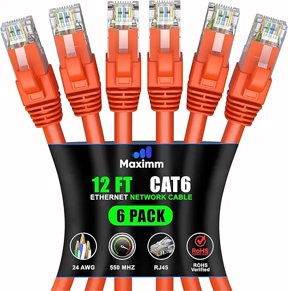 Maximm Cat 6 Ethernet Cable 12 ft (6-Pack) - High-Speed LAN Cable, Internet Cable, Patch Cable, and Network Cable - UTP, 10Gbps, 550MHz Ethernet Cord - Orange