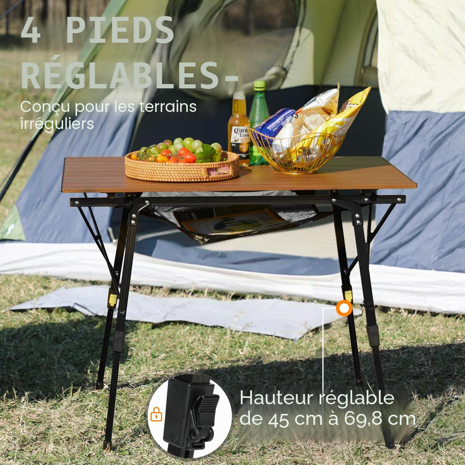 Portal Table de camping pliable réglable en hauteur - Charge maximale : 60 kg - En aluminium - 90 x 53 cm - Pour 4 personnes - Table de camping pliable légère