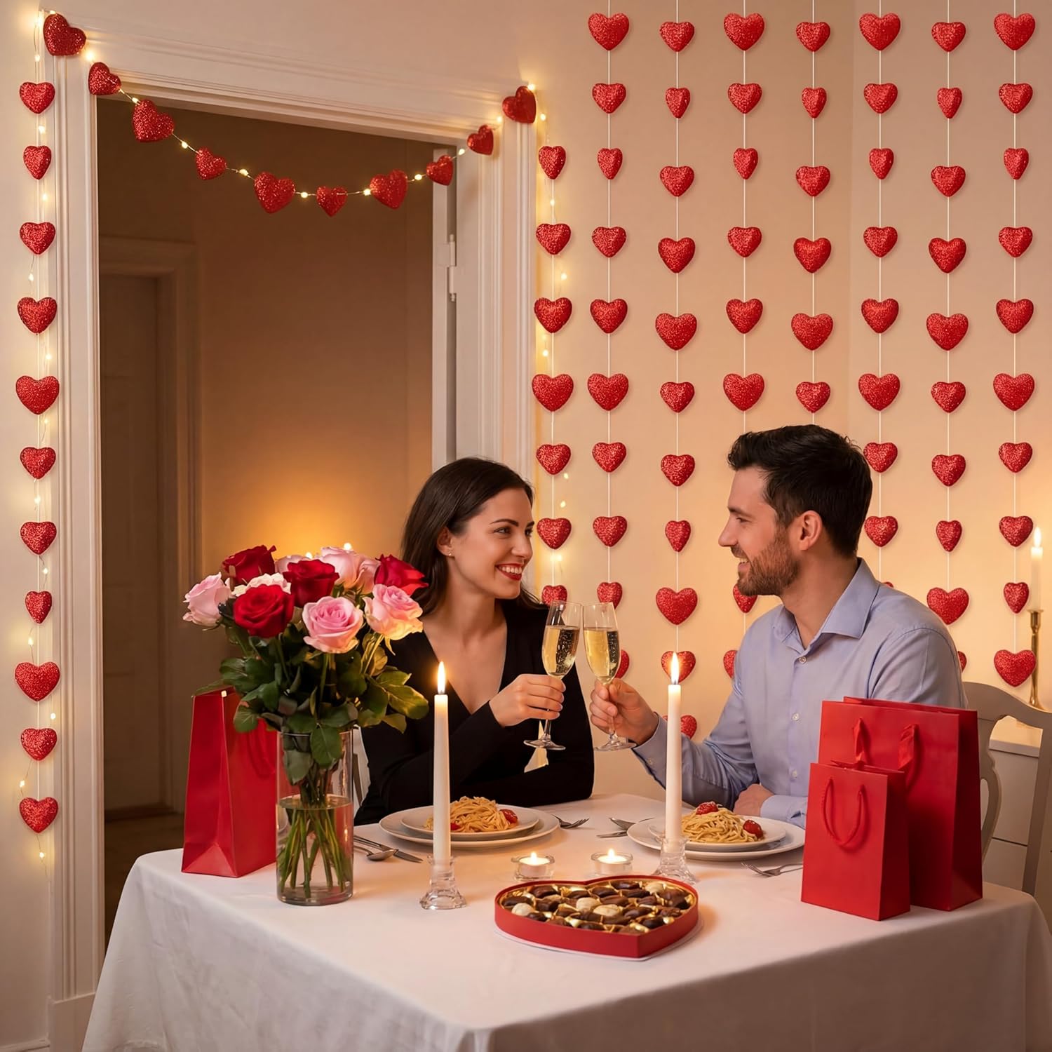 12 Pcs 78.74 ft Valentine's Day Red Heart Garland 3D Foam Glitter Heart Hanging String Garland Romantic Valentine Decoration Banner Backdrop for Wedding Anniversary Birthday Party Supplies