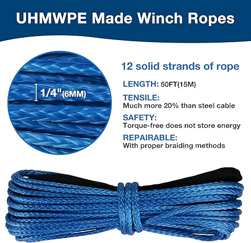 Miniatura 20 de Cuerda de cabrestante sintética de 1/4 pulgadas x 50 pies con funda protectora y dedal, resistencia a la rotura de 10,000 libras, cuerda