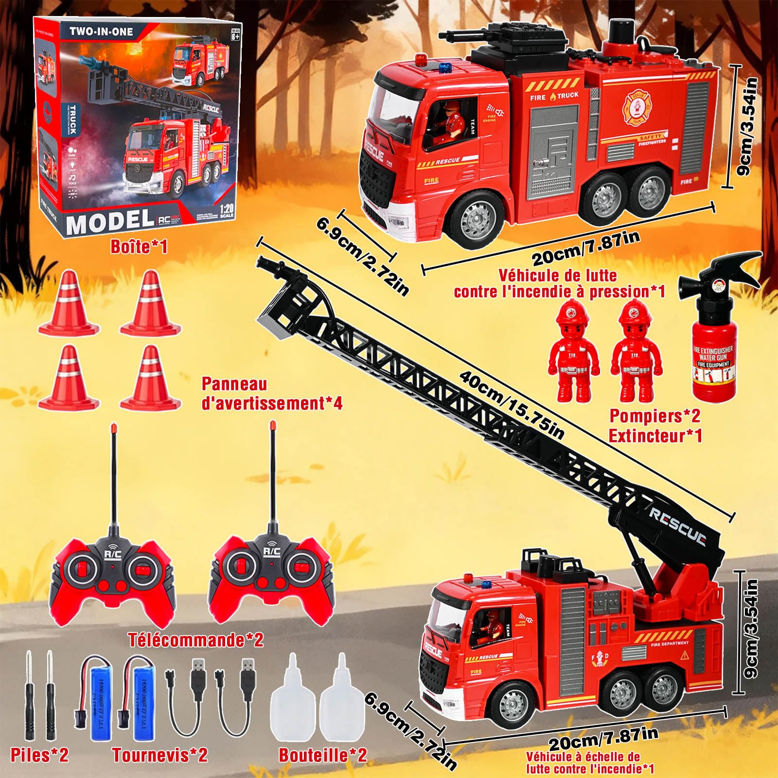 2 Camion Pompier Enfant, Voiture Pompiers Telecommandé avec Pulvérisation d'eau Lumière, Échelle Pivotante, Son Fonction et Pompiers, 2,4GHz Camion Pompier Enfant de 6-12 Ans