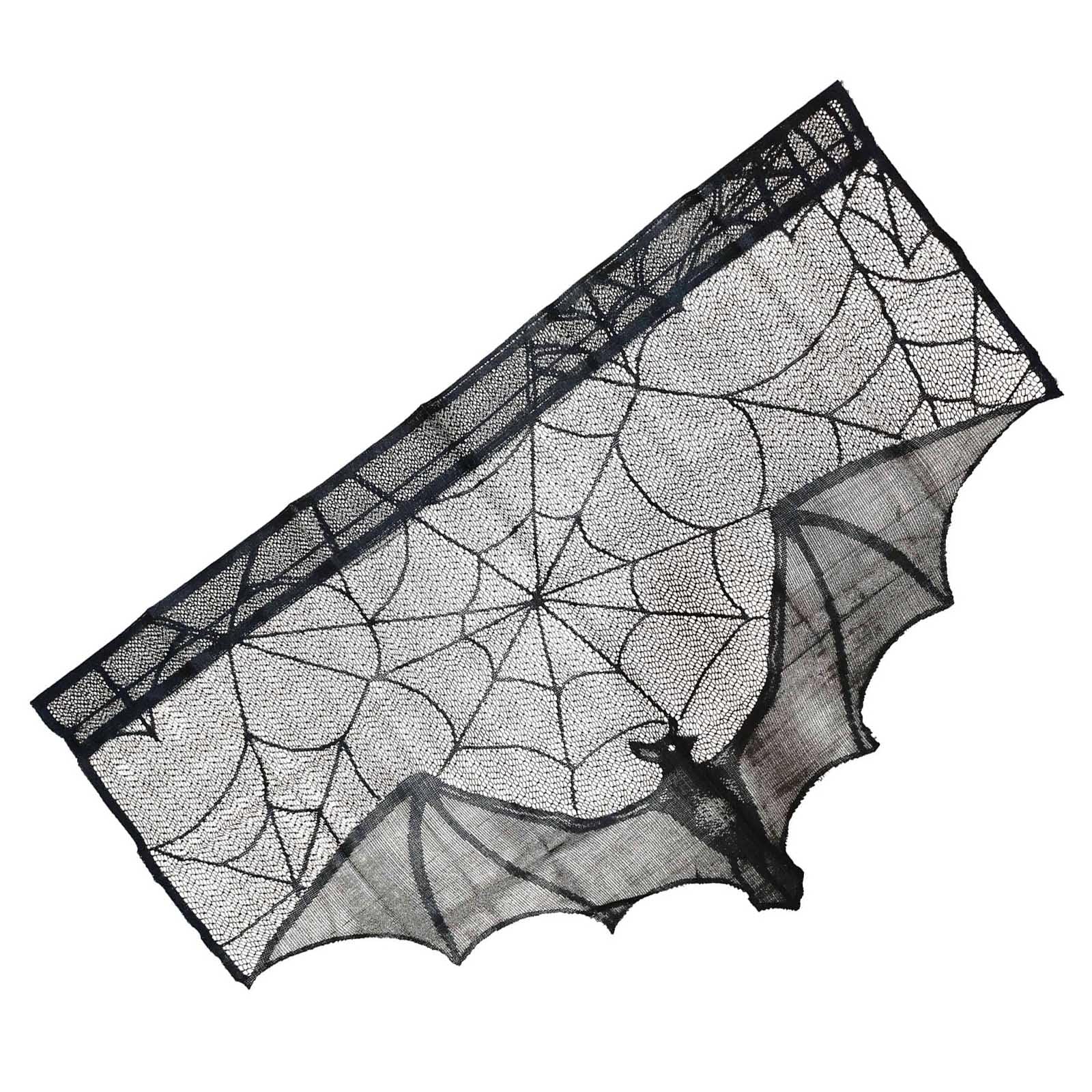 Jazuaiao Halloween Fireplaces Scarf Decoration, Black Lace Spiderweb and Bat Mantles Cover for Home Decoration Black Lace Window Curtain
