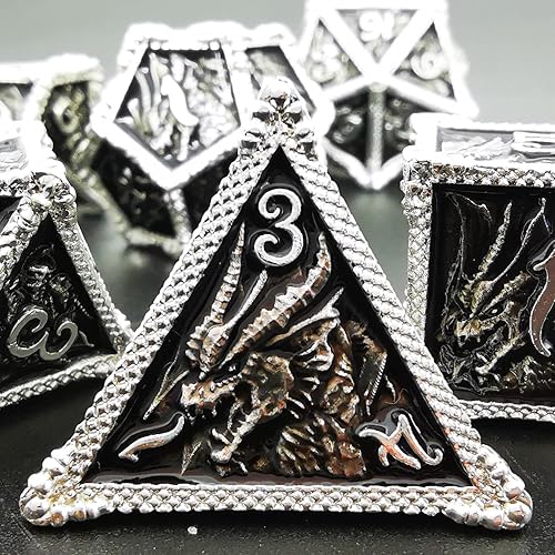 Miniatura 5 de MJDICEOK Juego de 7 dados de dragón de metal DND, juego de dados para juegos de rol, D&D, Calabozos y Dragones (plata negro)