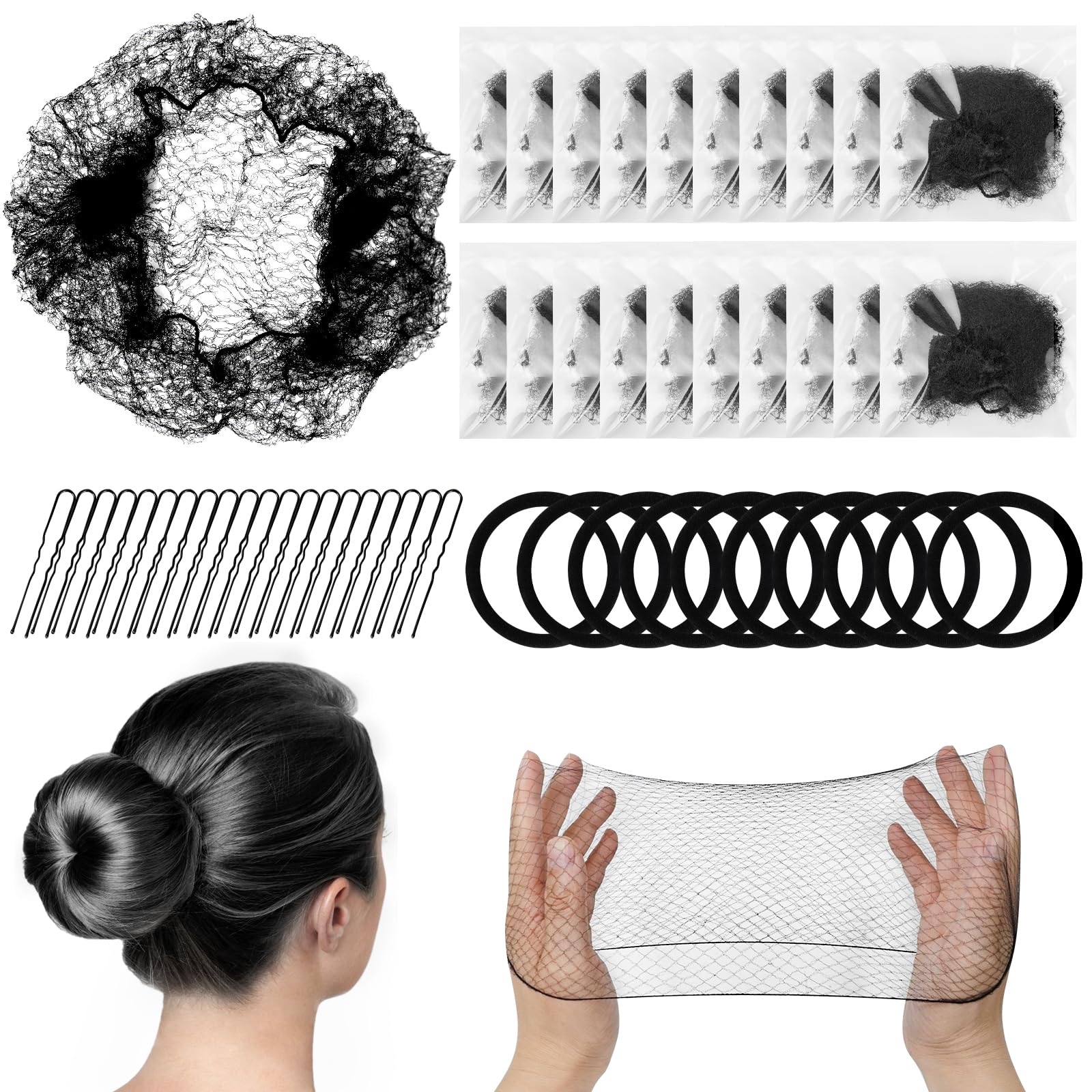 110 Pcs Hair Nets for Buns Set Incluede 50 Invisible Ballet Hair Nets Black with 50 U Shape Bobby Pins and 10 Hairbands for Ballet Dancers for Adults Children