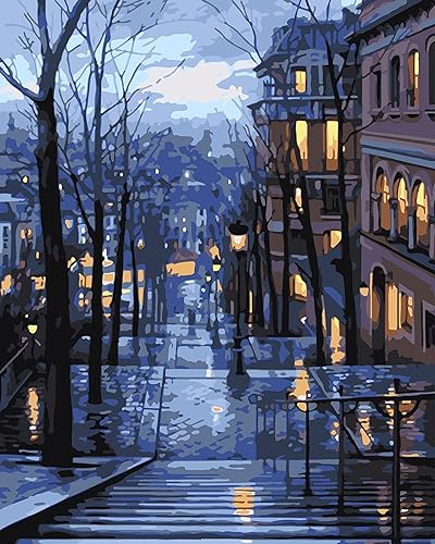 QUITEDEW Pintura por números para adultos, pintura de ciudad por número, vista nocturna, pintura al óleo, paisaje de calle, adecuado para decoración