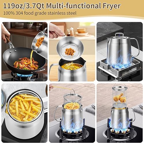 Miniatura 2 de Olla freidora profunda de acero inoxidable 304 de 119 onzas con cesta y colador, recipiente de grasa de tocino de gran capacidad para cocina, freír,