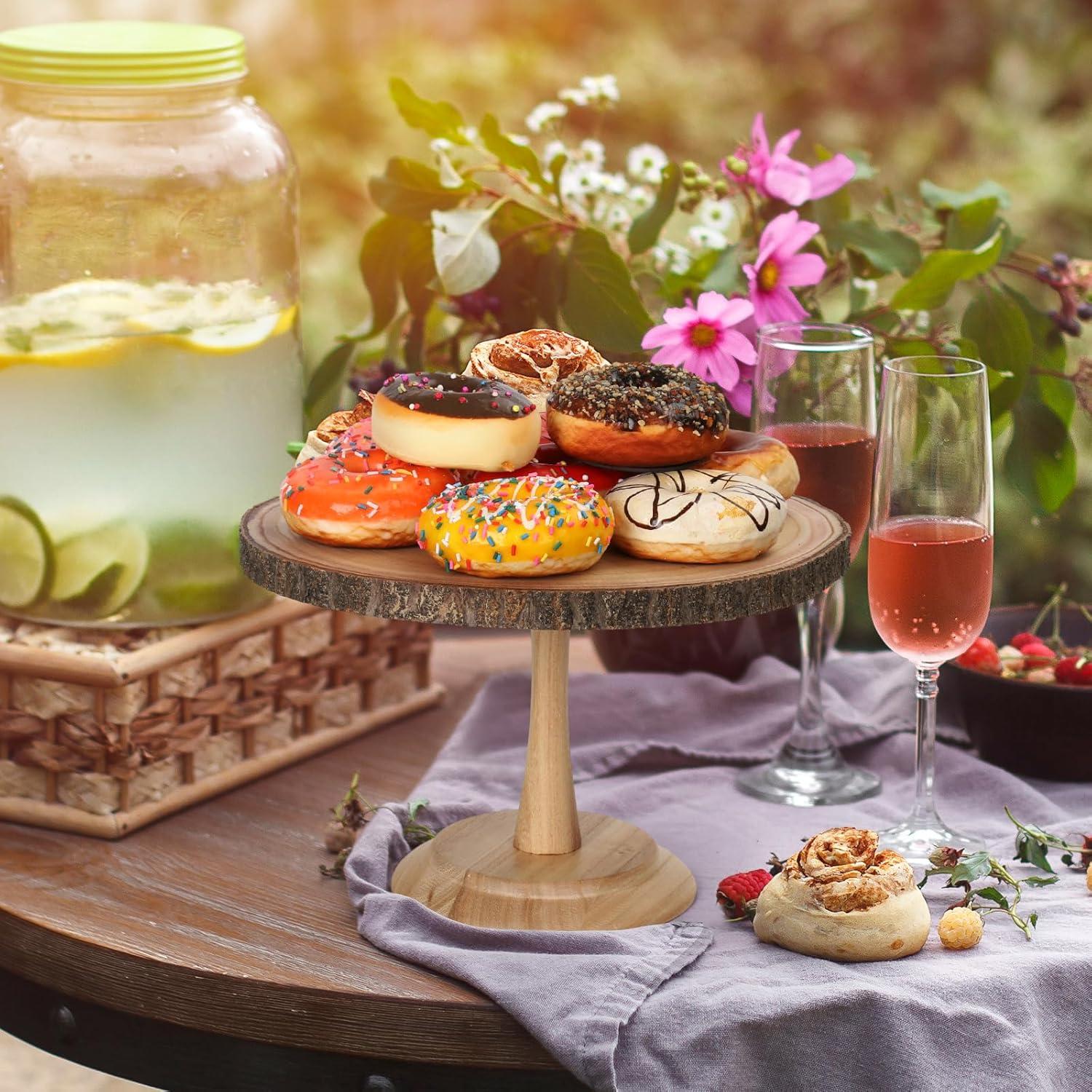 Wood Cake Stand- /w Wooden Slice Cake Topper and Cake Cutting Set, 12” Rustic Wedding Cake Stand, Wooden Cake Stand for Wedding Receptions or Any Special Events