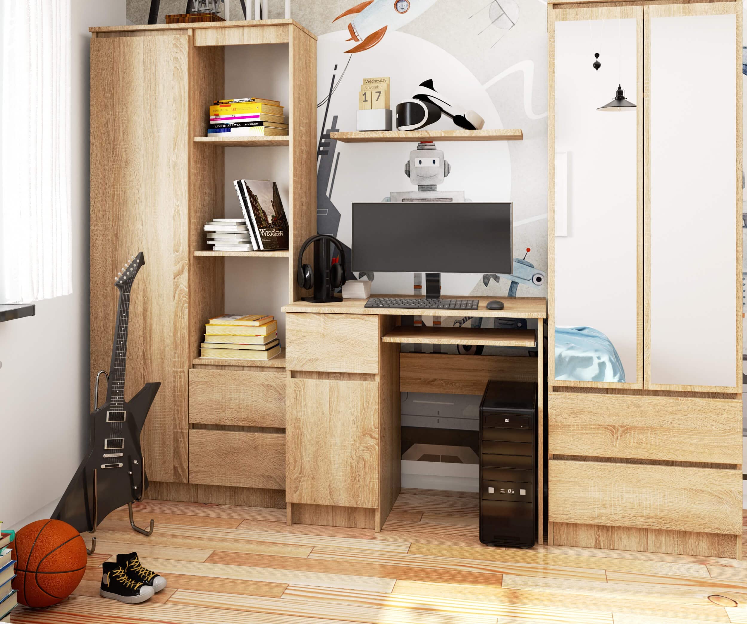 AKORD Piksel Schreibtisch Klein mit Schubladen | Computertisch | Bürotisch mit Tastaturablage | Schublade und Fach mit Tür | Holz Deko | B90 x H77 x T50 cm 30 kg | Schrank Links | Sonoma-Eiche