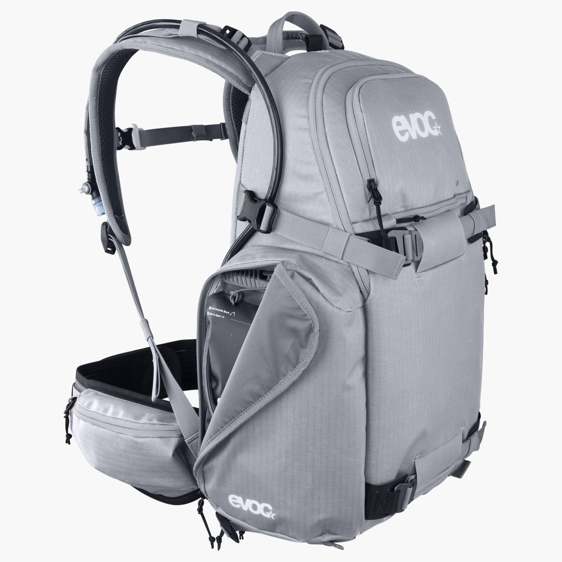 Plecak sportowy EVOC CP 18, lekki plecak trekkingowy (podział 50/50 na aparat i sprzęt, elastyczny pas biodrowy na plecaku, wymiary: 17 x 52 x 29 cm, pojemność: 18 l), kamienny szary