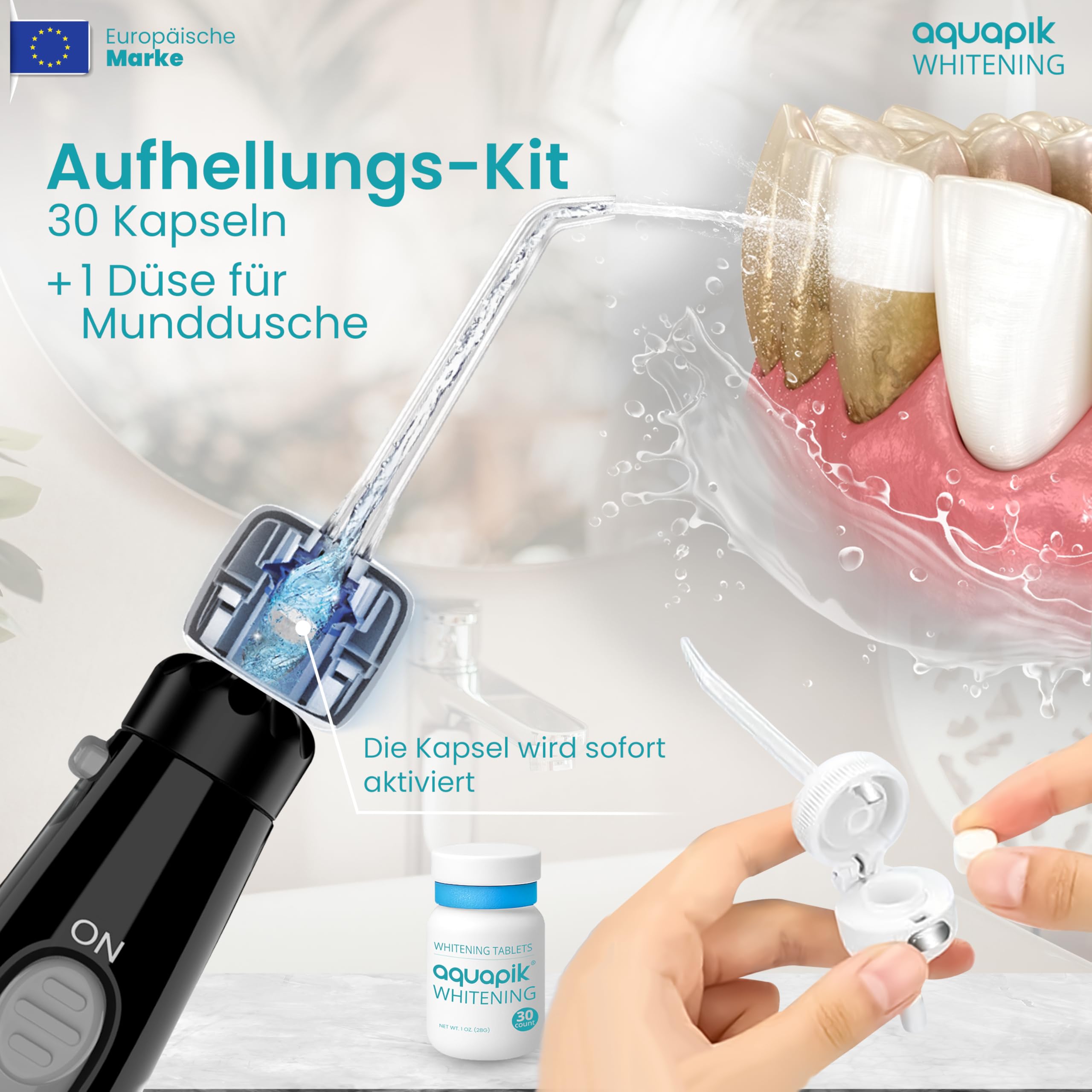 Aquapik® ADVANCED Munddusche | Ideal für Zahnspangen, Implantate und empfindliches Zahnfleisch | Aufhellungs-Kit entfernt Flecken | 10 Druckstufen | 10 Düsen | Von Zahnärzten empfohlen.