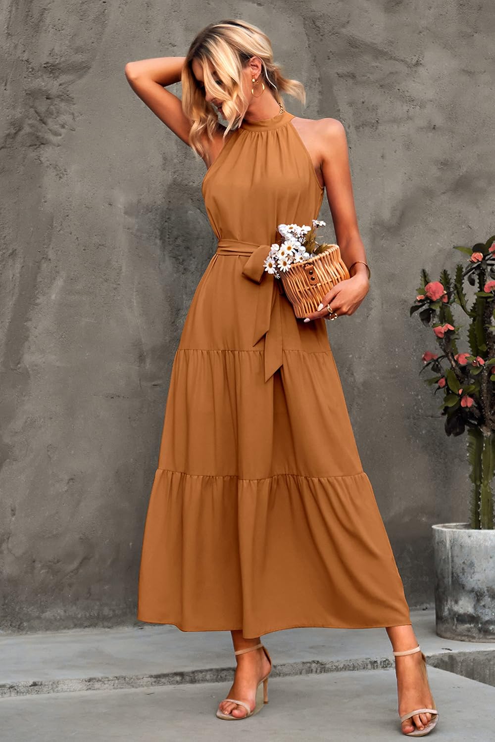  Women's Summer Floral Halter Maxi Dresses thumbnail