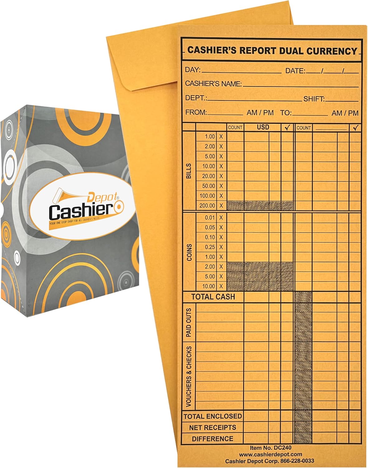 500 Cashier Depot - Dual Currency Cashier's Report Envelope DC240, 4 1/2" x 10 3/8", Sturdy 24lb. Kraft Paper, Multiple Currencies Cash Report Envelopes USD plus 2nd Currency CAD, MXN, BSD, 500 Count