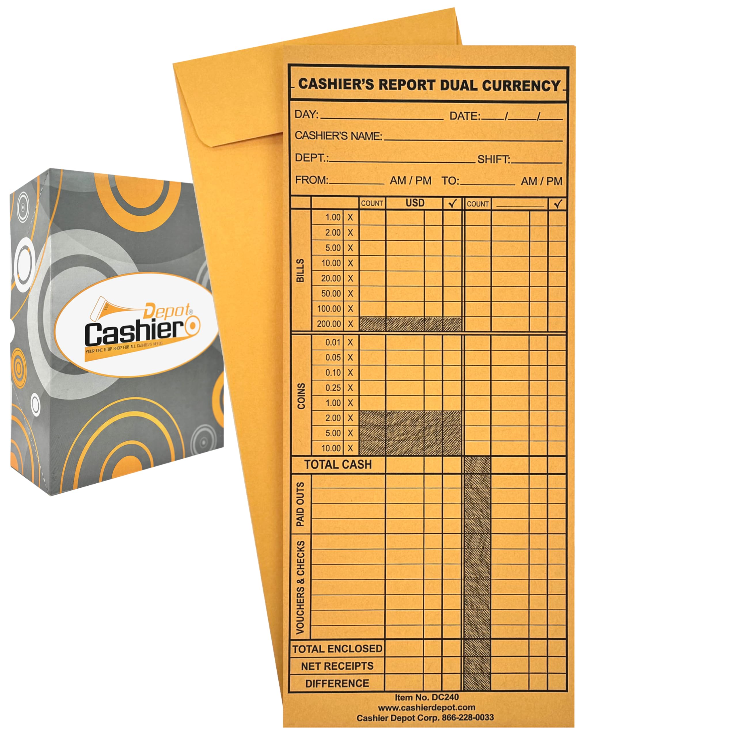 500 Cashier Depot DC240 Cashier's Report Dual/Single Currency Envelope, 4 1/2" x 10 3/8", Premium 24lb. Kraft, 500/Box