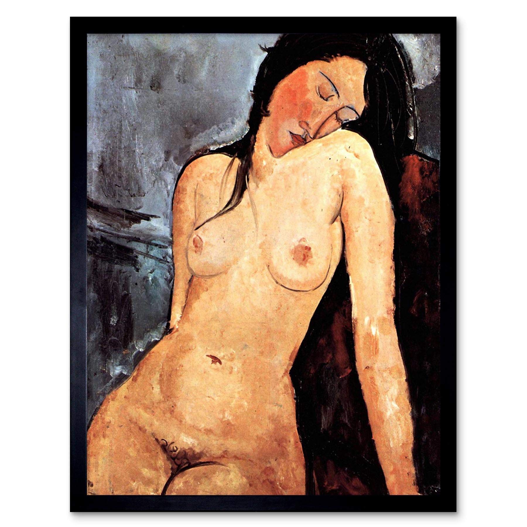 Wee Blue Coo Women's Framed Black Amedeo Modigliani Old Master Painting Art Print Framed Poster Wall Decor 12X16 Inch